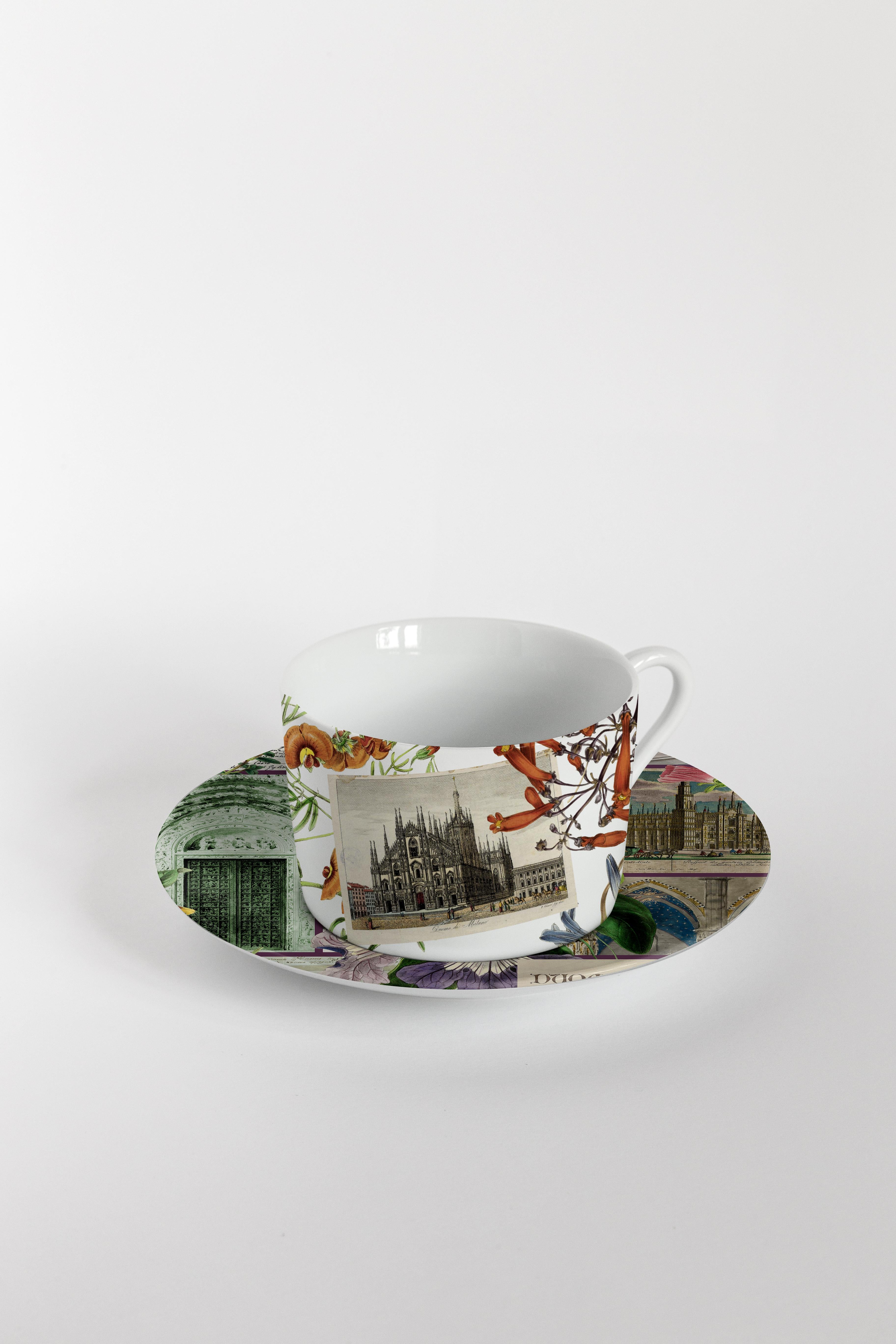 Six tasses à thé décorées contemporaines avec assiettes La historia Infinita Neuf - En vente à Milano, Lombardia