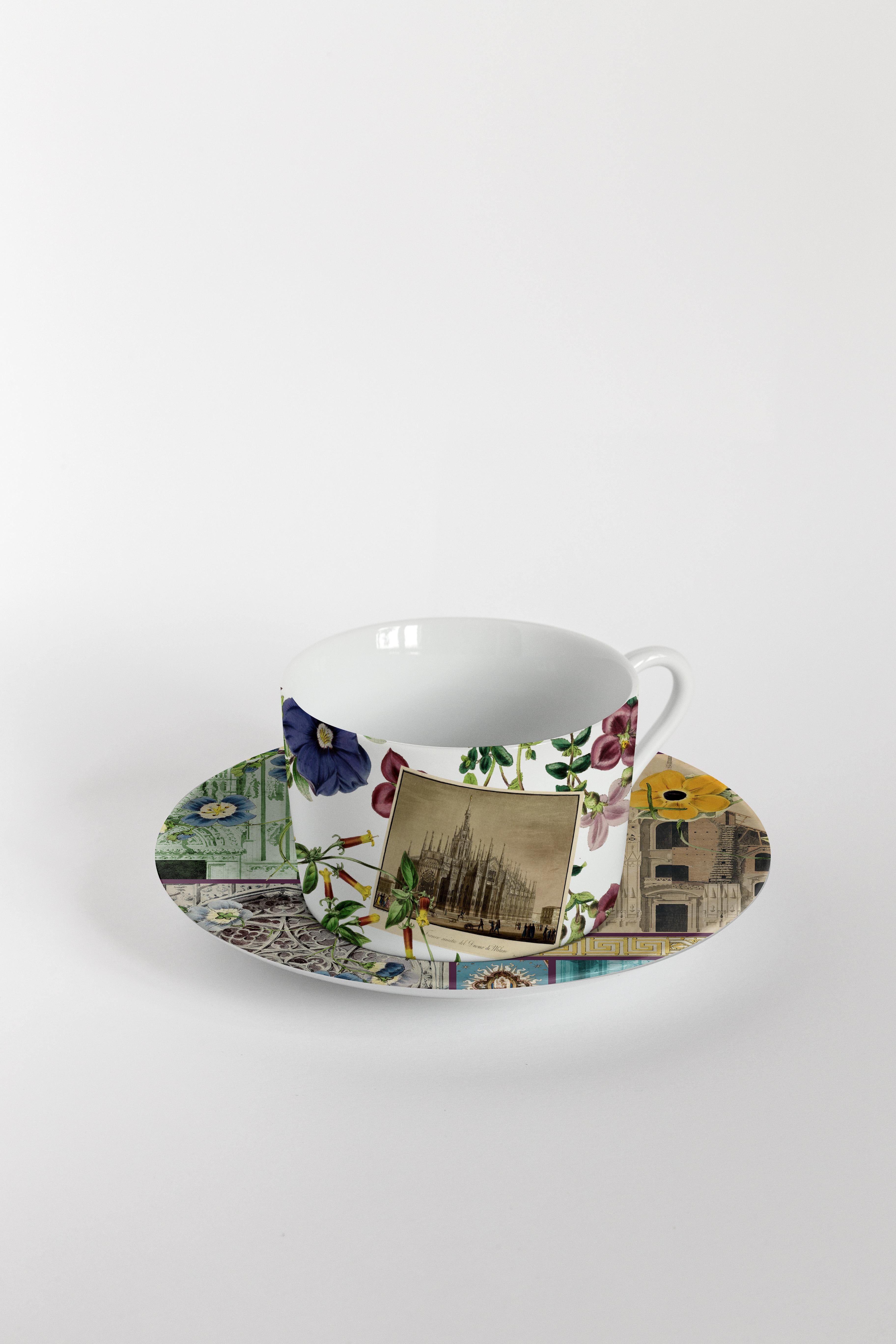 Porcelain La storia Infinita, Six Contemporary Decorated Tea Cups with Plates For Sale