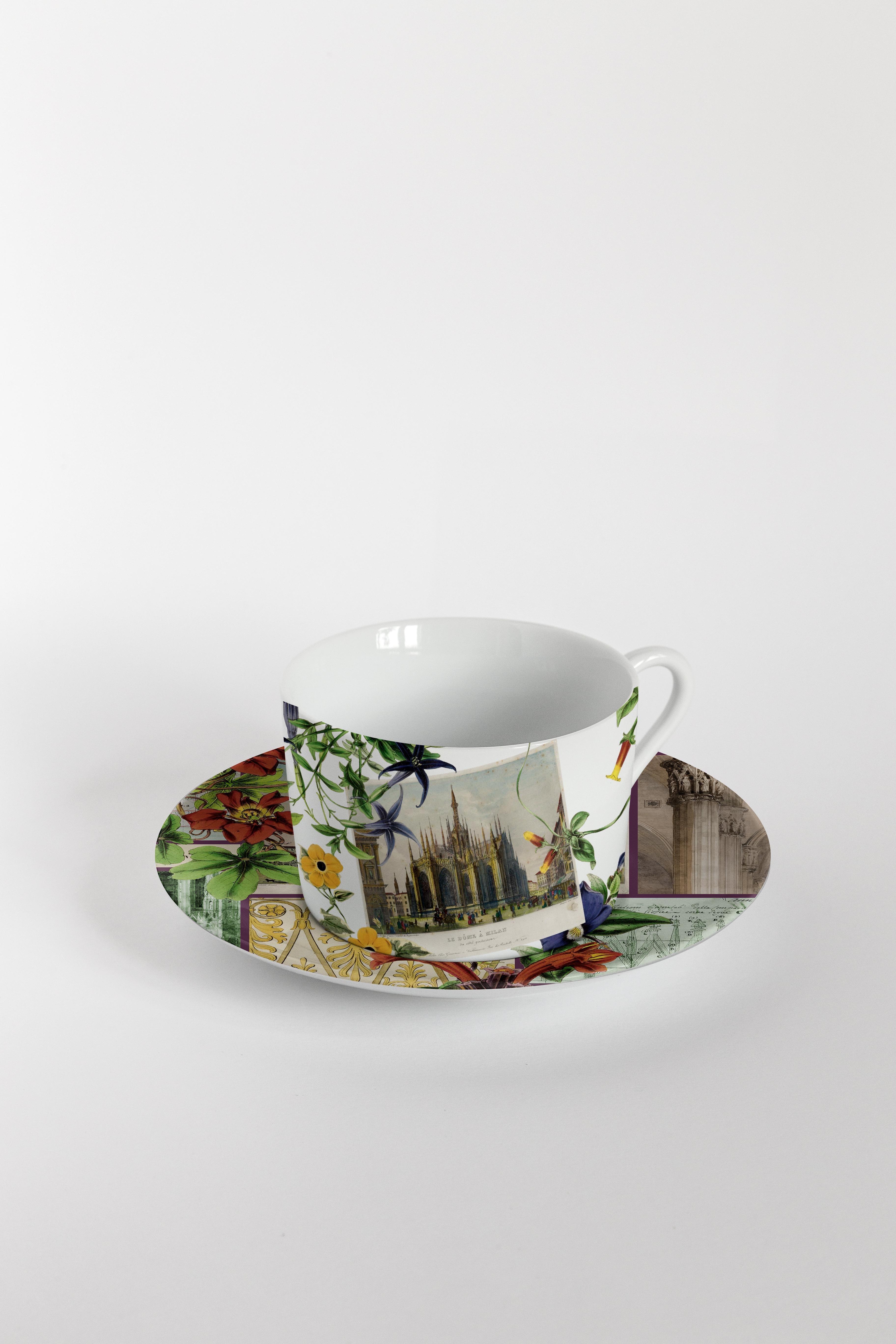 Porcelaine Six tasses à thé décorées contemporaines avec assiettes La historia Infinita en vente