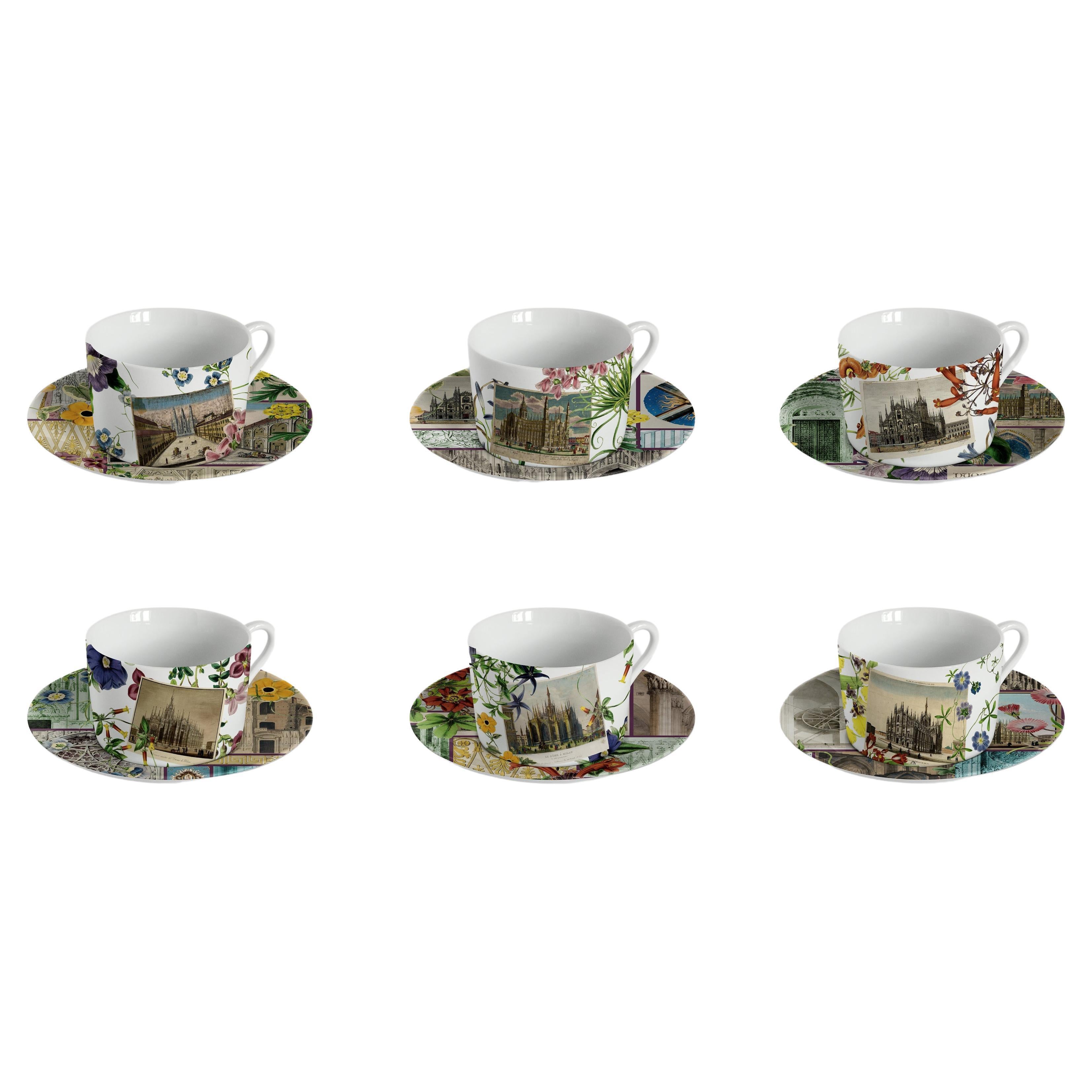 Six tasses à thé décorées contemporaines avec assiettes La historia Infinita