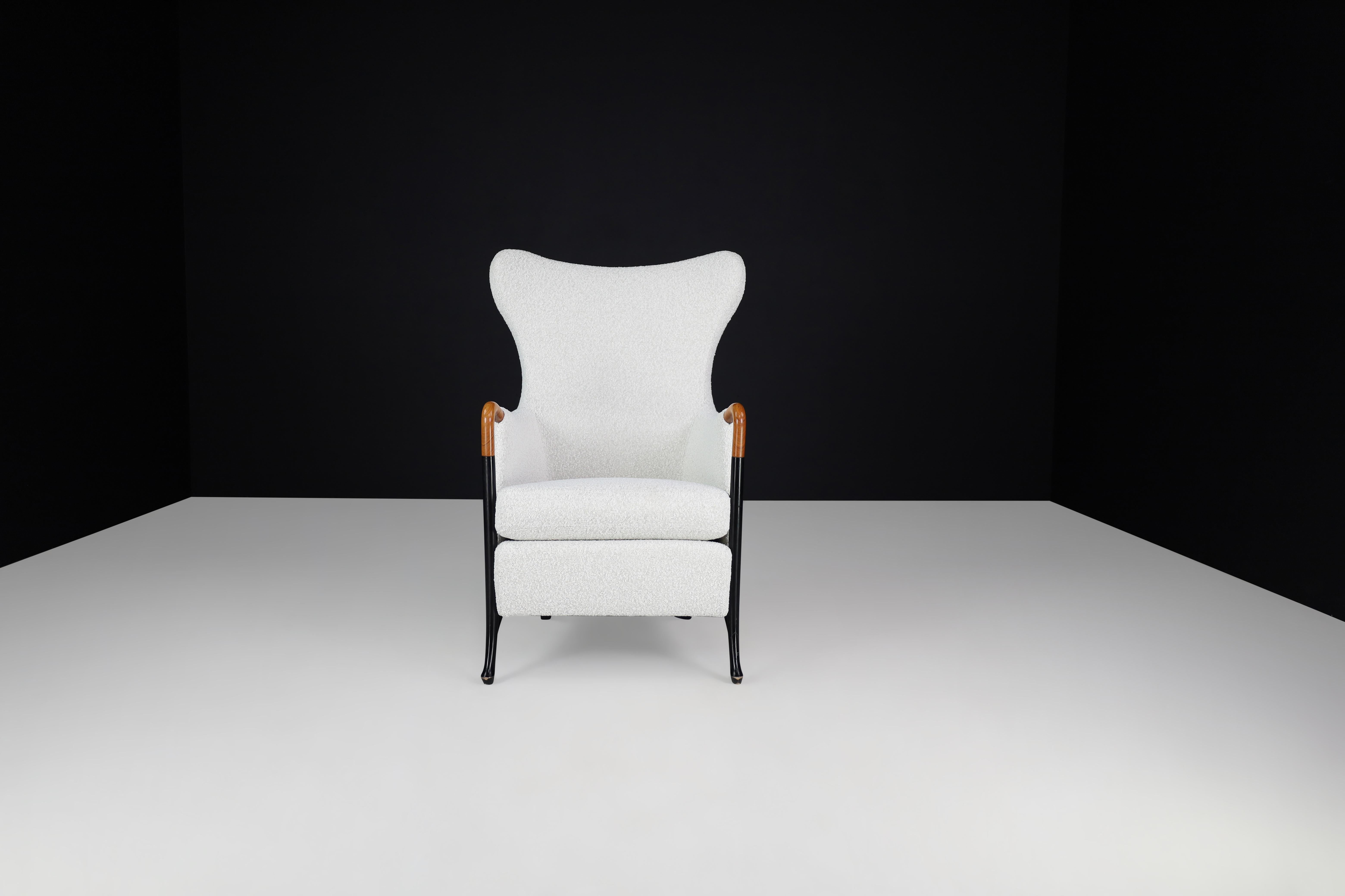 Modern Progetti Wingback Chair by Umberto Asnago for Giorgetti in Bouclé Fabric.