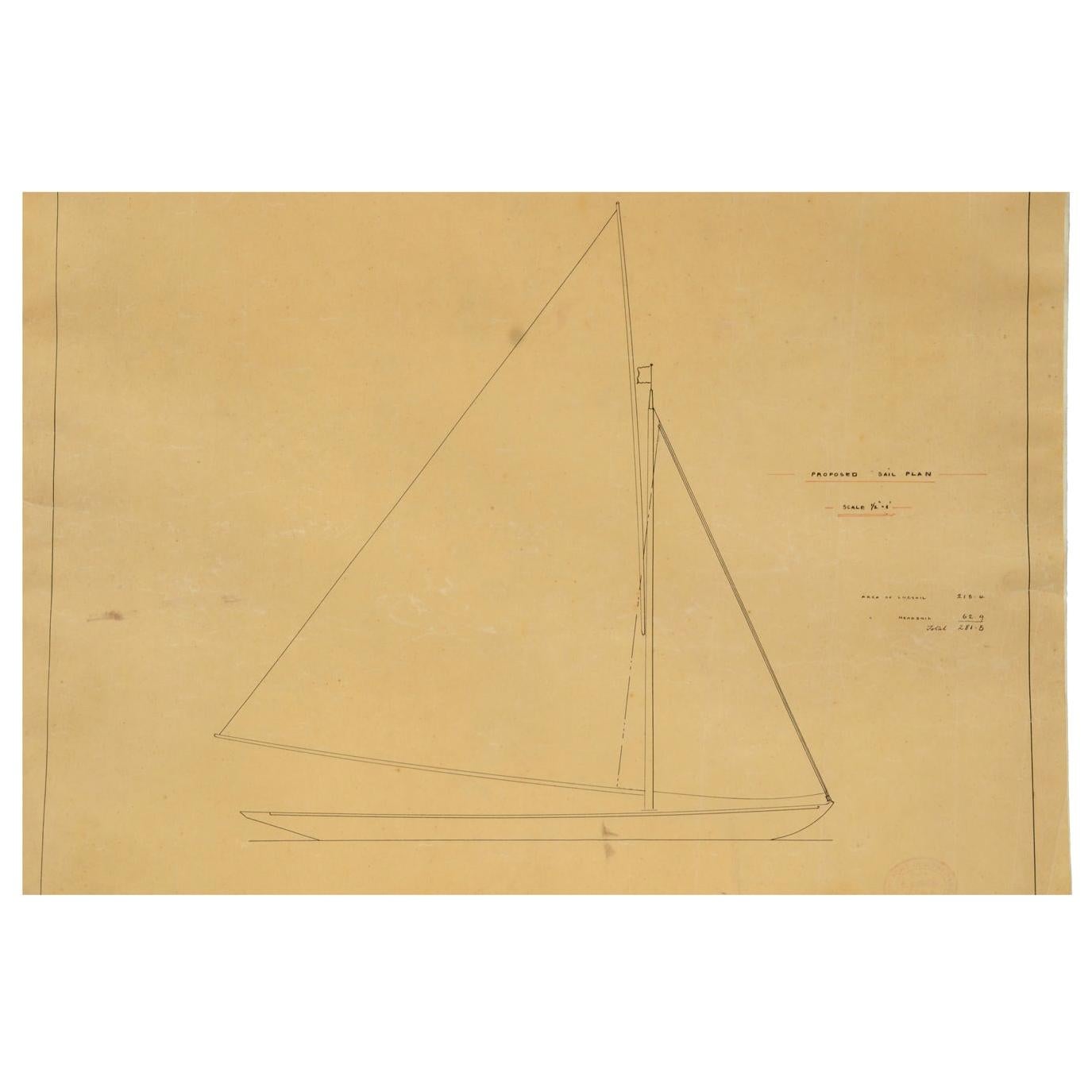 Project coming from the archives of Uffa Fox and never entered the commercial circuit depicting the sail plan of a boat by C. Sibbick. Measures: 57 x 46.5 (H) cm - 22.44 x 18.30 (H) inches. 

Charles Sibbick, born in England in 1849, began his