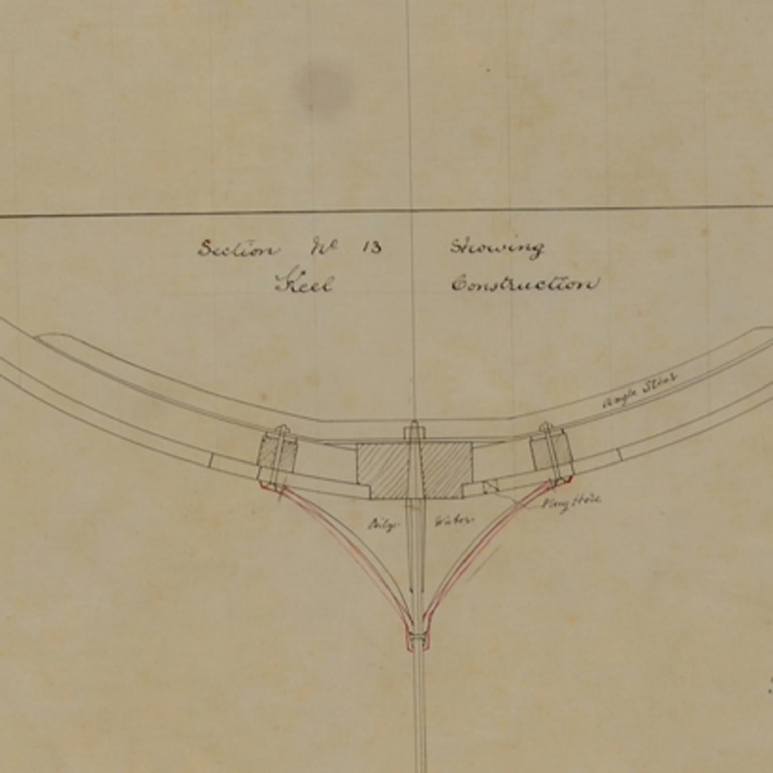 Structure of his favourite kind of keel by Charles Sibbick the designer, similar to the modern boats racing today in America's cup. It is a part of a project for a 52' linear rater for Mr E. More Esq. Cm 58 x 42 (H) - inches 22.83 x 16.53 (H).