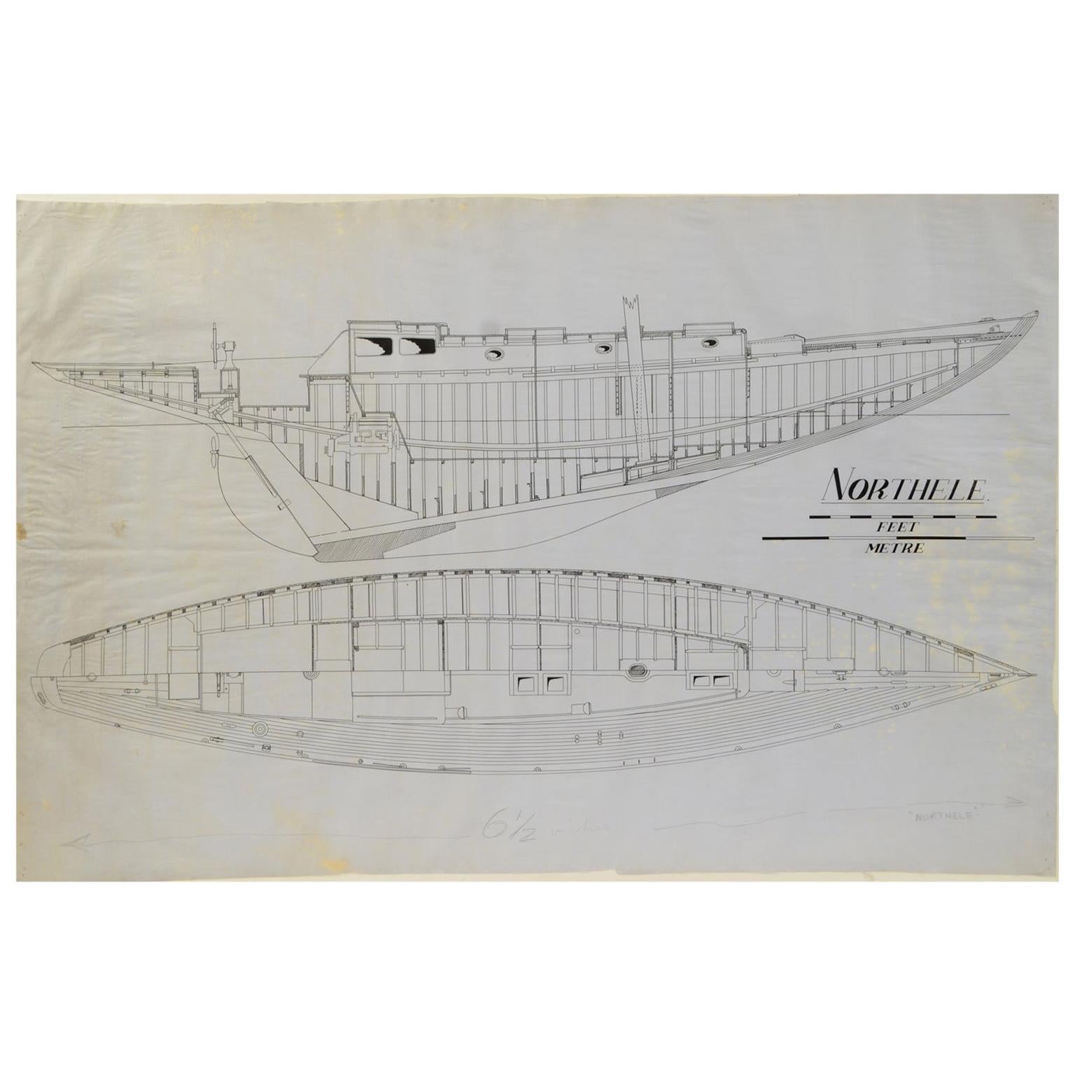 Projet nautique de 1949 du bateau à voile Northele par Berthon Uffa Fox, archives