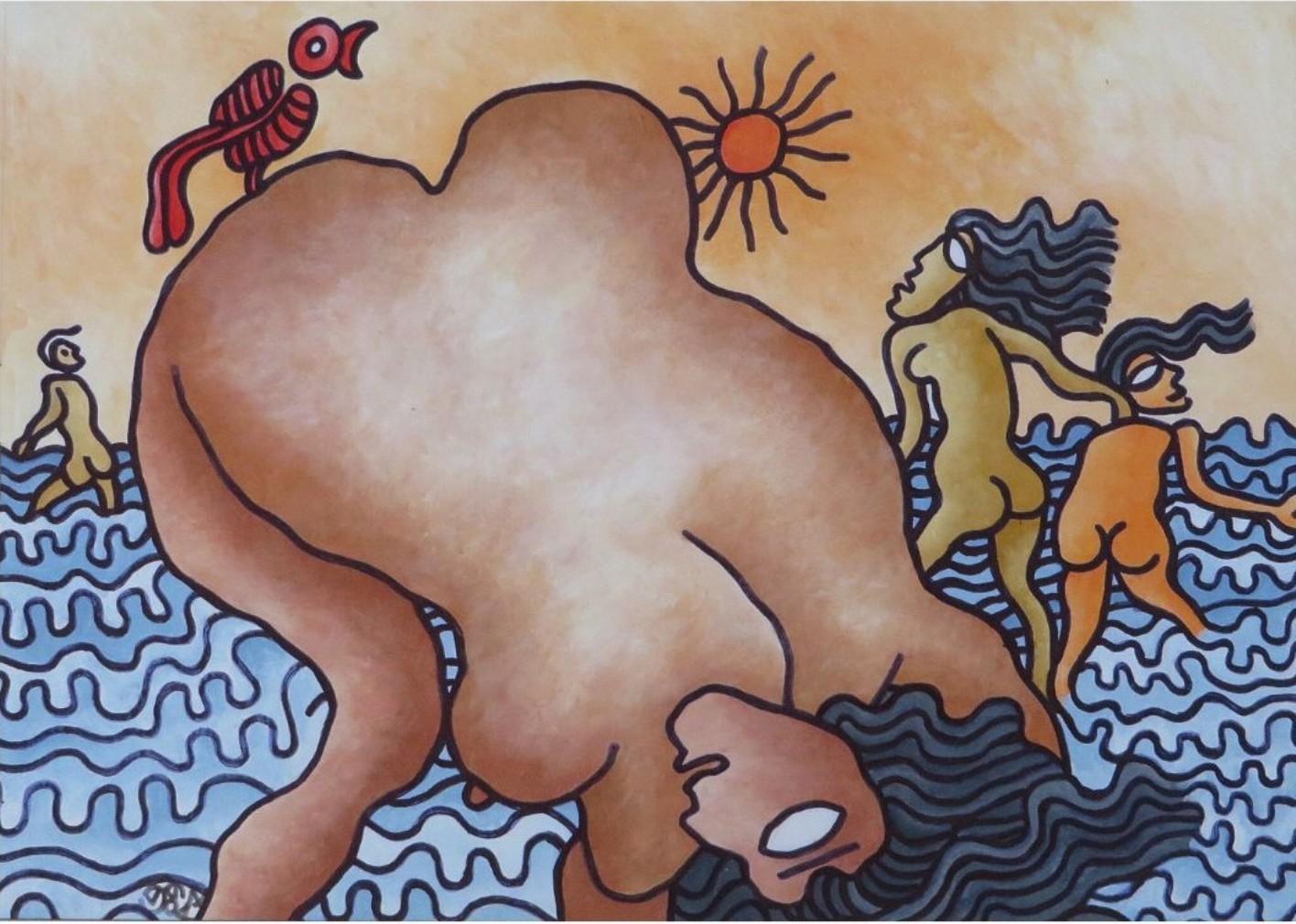 Prokash Karmakar Nude Painting - Beach Series, Mixed Media on Paper by Modern Artist "In Stock"