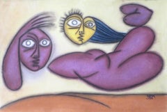 Face, Large Eyes, Pastel, Board, Violet, Blue, Brown by Indian Artist-In Stock