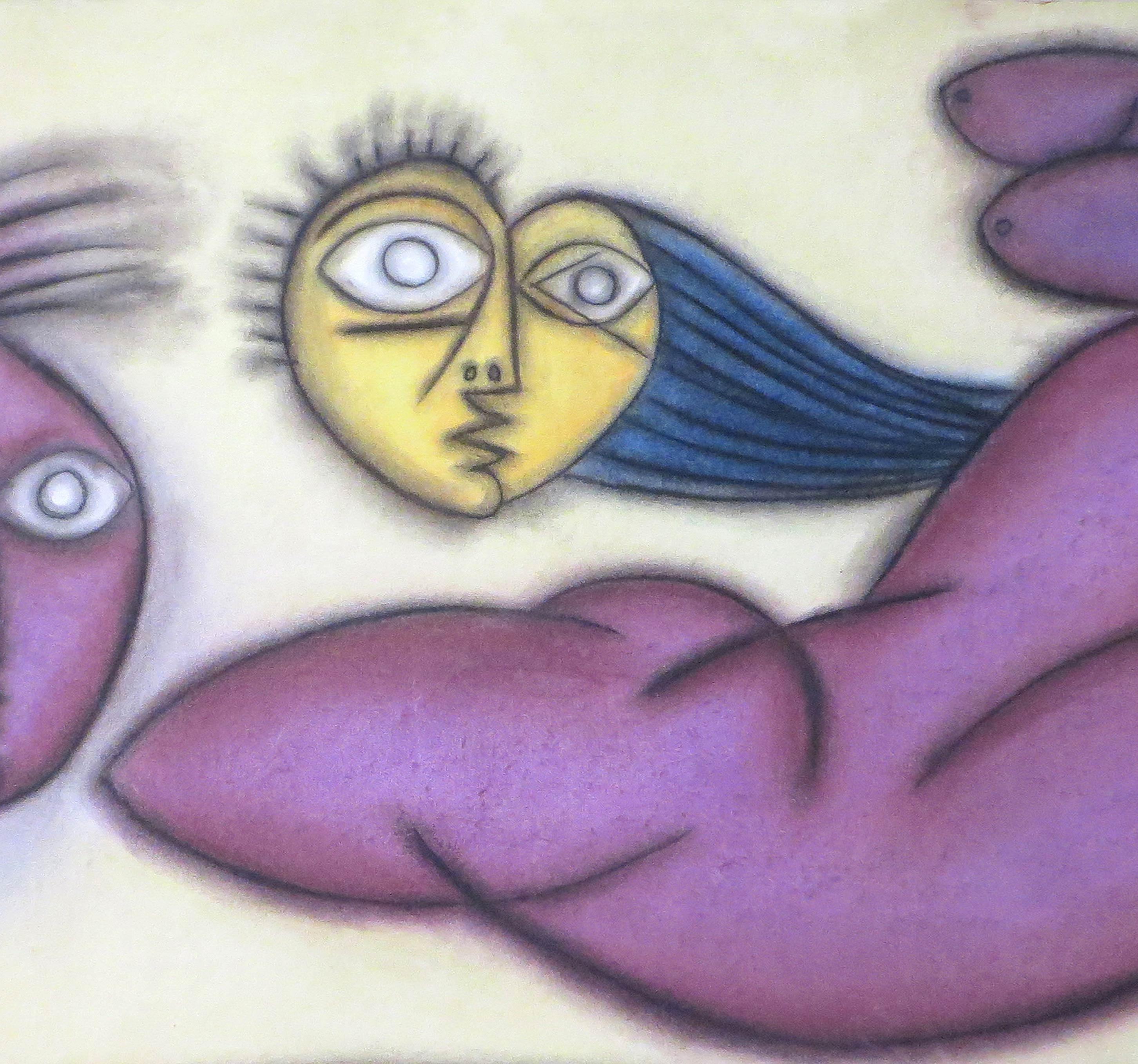 Face, Large Eyes, Pastel on Board, Violet, Blue, Brown by Indian Artist