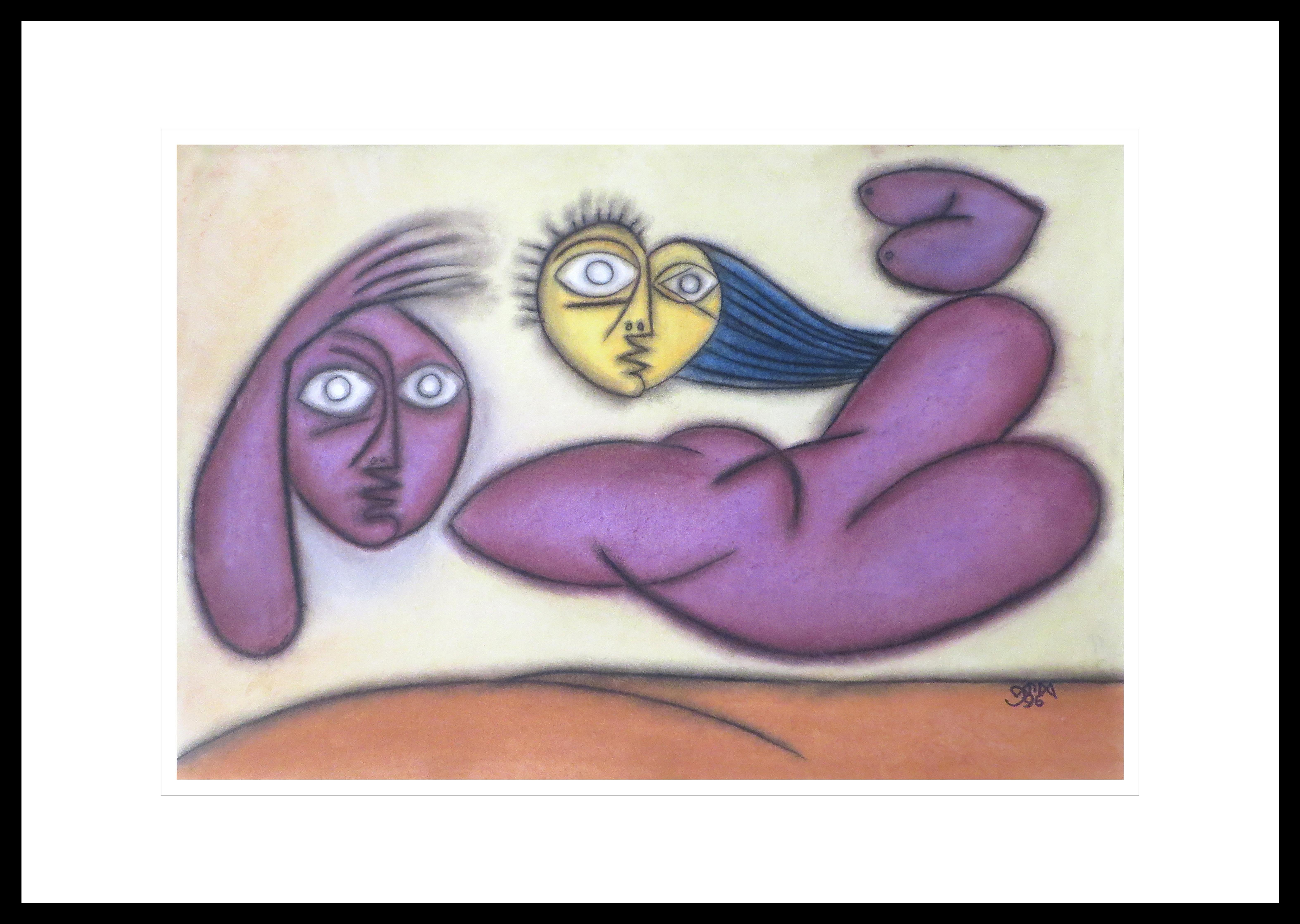 Prokash Karmakar Interior Painting - Face, Large Eyes, Pastel on Board, Violet, Blue, Brown by Indian Artist"In Stock"