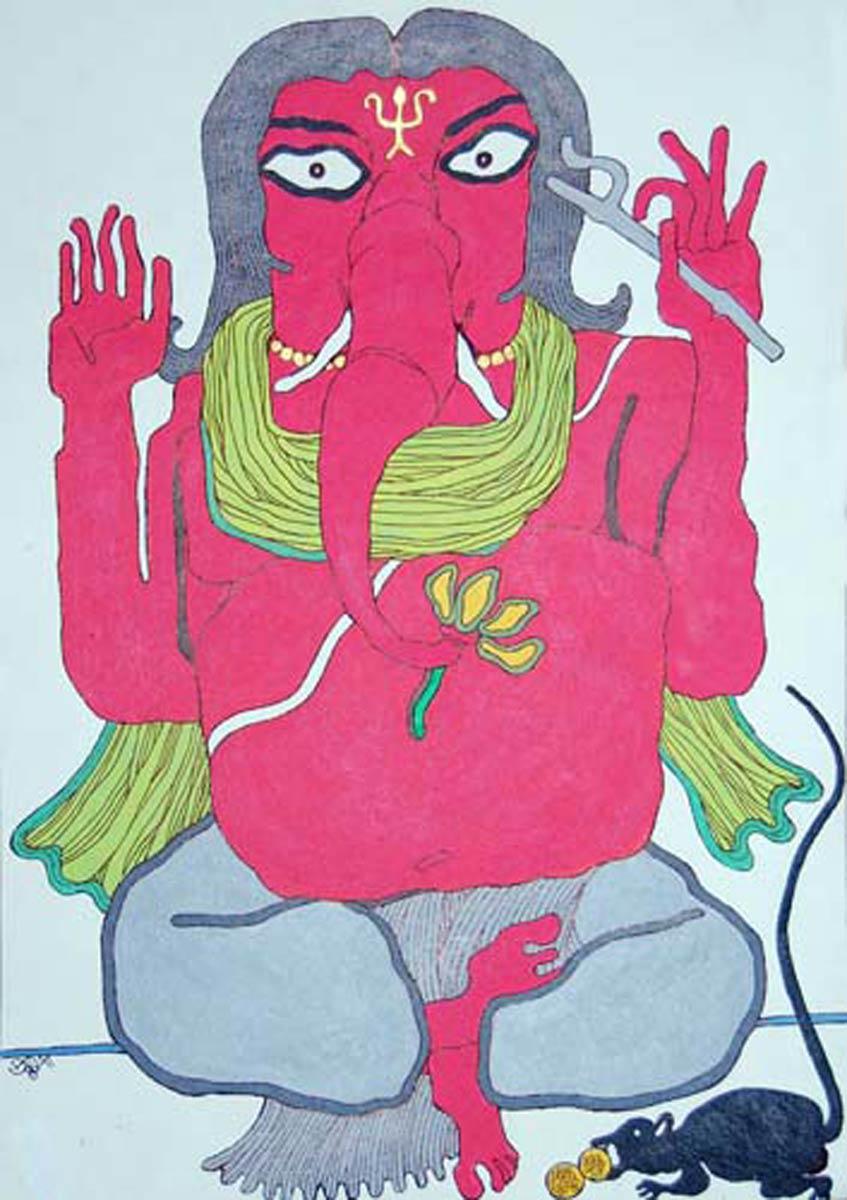 Ganesha Ganesha, Gott des Erfolgs, Mischtechnik auf Papier, Gelb, Grau, Haut „ “Auf Lager““ (Moderne), Mixed Media Art, von Prokash Karmakar
