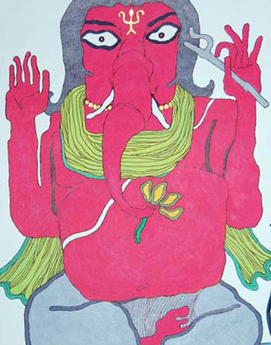 Ganesha, God of Success, Mixed Media on Paper, Yellow, grey, Skin 