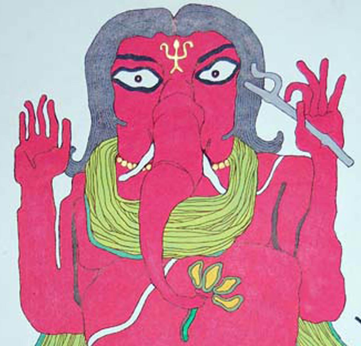 Ganesha Ganesha, Gott des Erfolgs, Mischtechnik auf Papier, Gelb, Grau, Haut „ “Auf Lager““ im Angebot 1