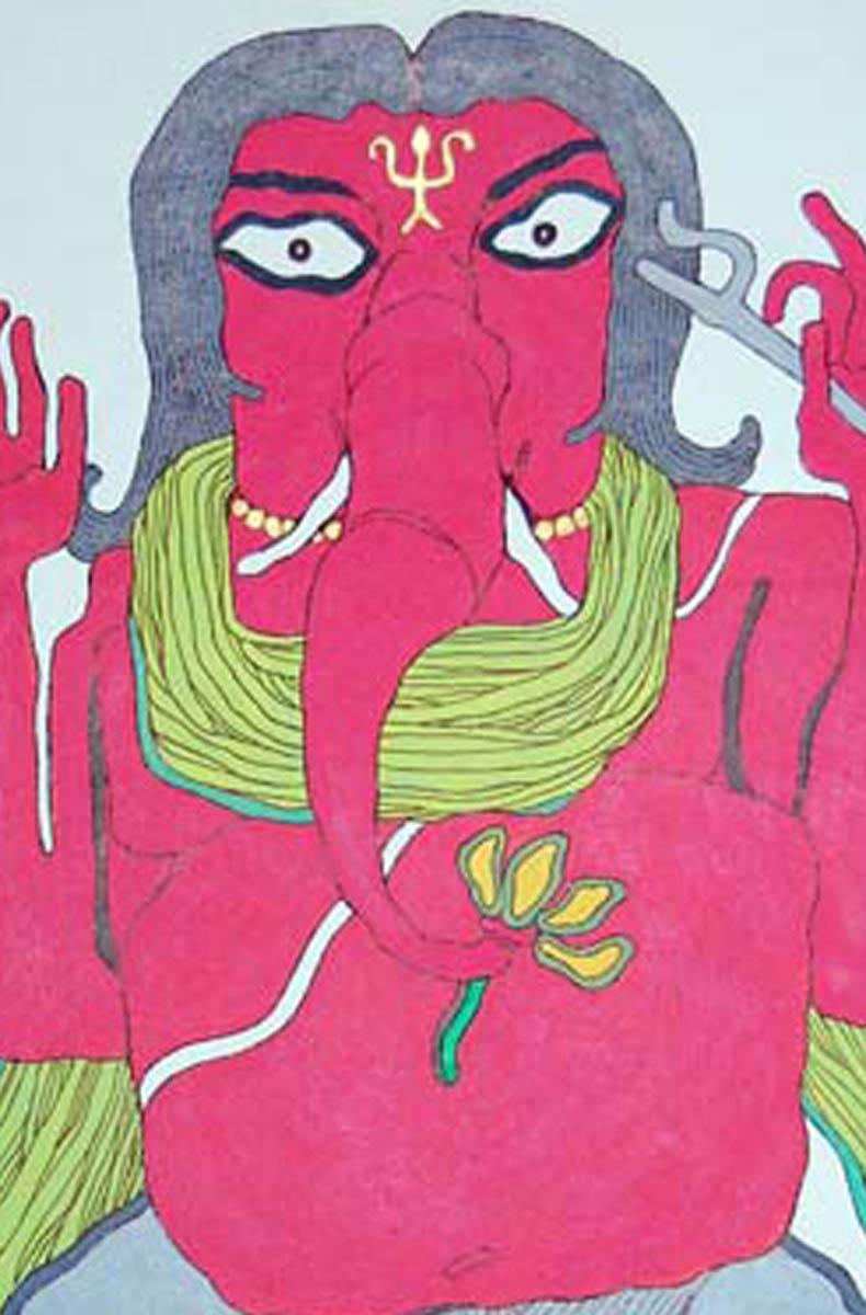 Ganesha, God of Success, Mixed Media on Paper, Yellow, grey, Skin 