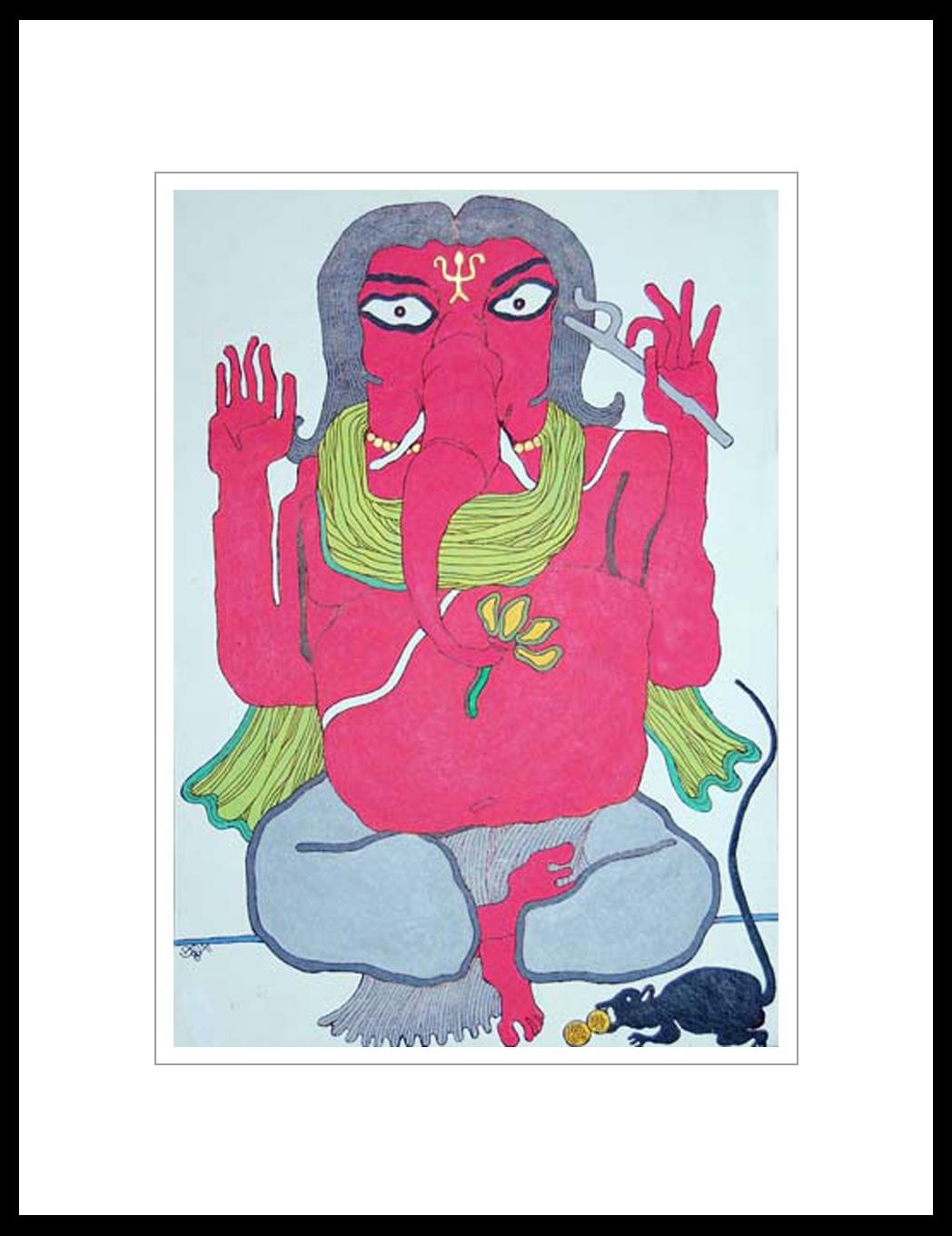 Ganesha Ganesha, Gott des Erfolgs, Mischtechnik auf Papier, Gelb, Grau, Haut „ “Auf Lager““ – Mixed Media Art von Prokash Karmakar