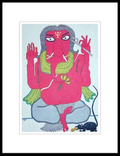 Ganesha, Dio del successo, Tecnica mista su carta, Giallo, grigio, Pelle "In magazzino"