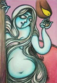 Lady with the Lamp, Dry Pastel on Paper by Prokash Karmakar “In Stock”