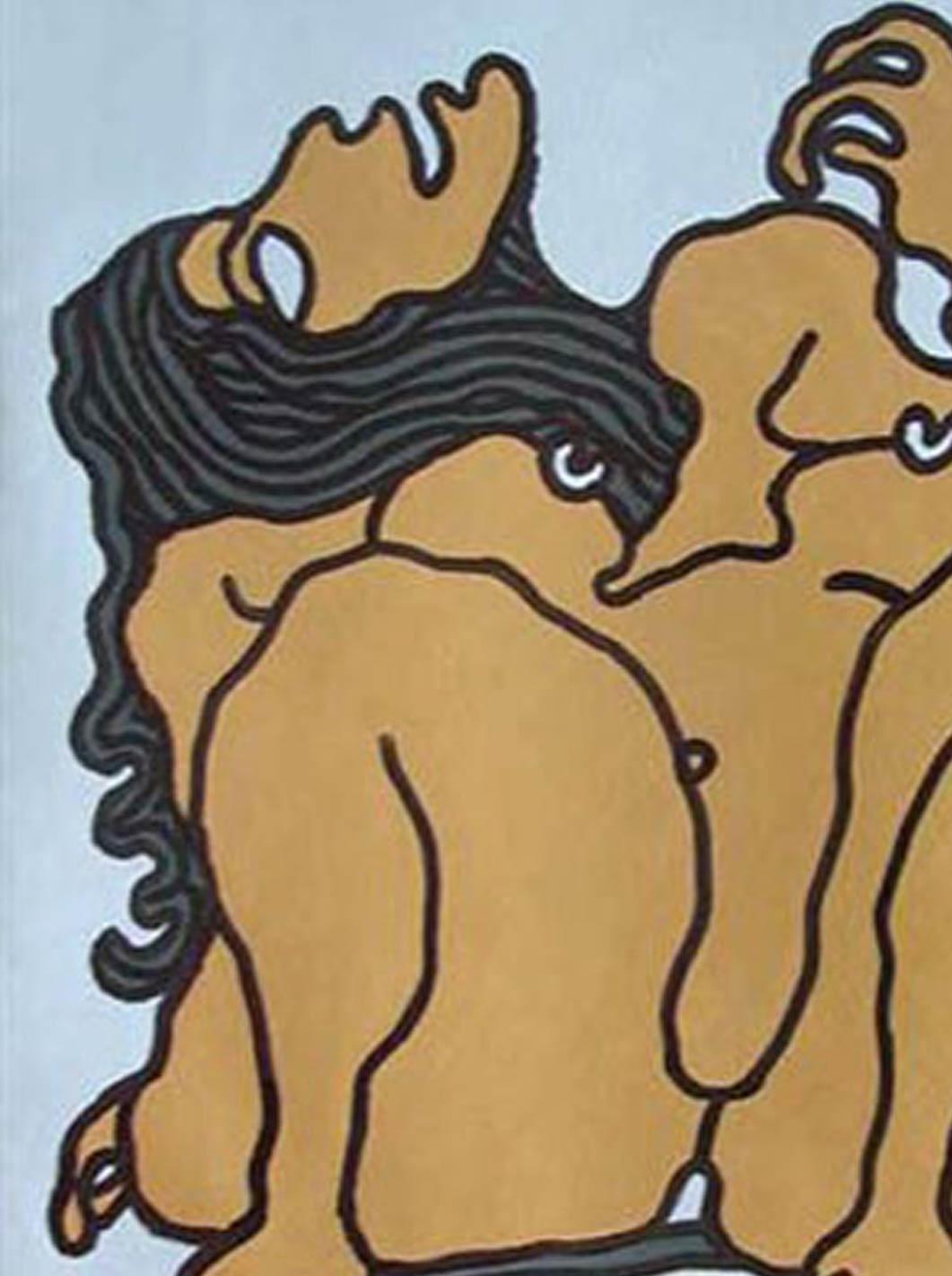 Grandes femmes nues aux yeux larges, cheveux longs, peinture de techniques mixtes, marron vif « en stock » - Painting de Prokash Karmakar