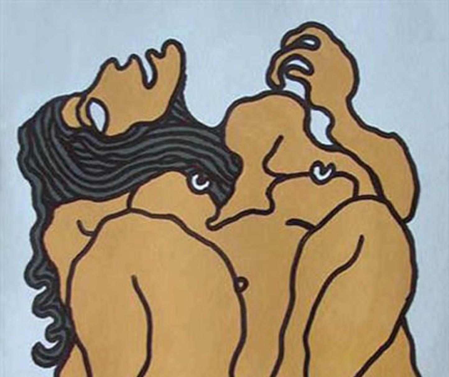 Grandes femmes nues aux yeux larges, cheveux longs, peinture de techniques mixtes, marron vif « en stock » - Moderne Painting par Prokash Karmakar