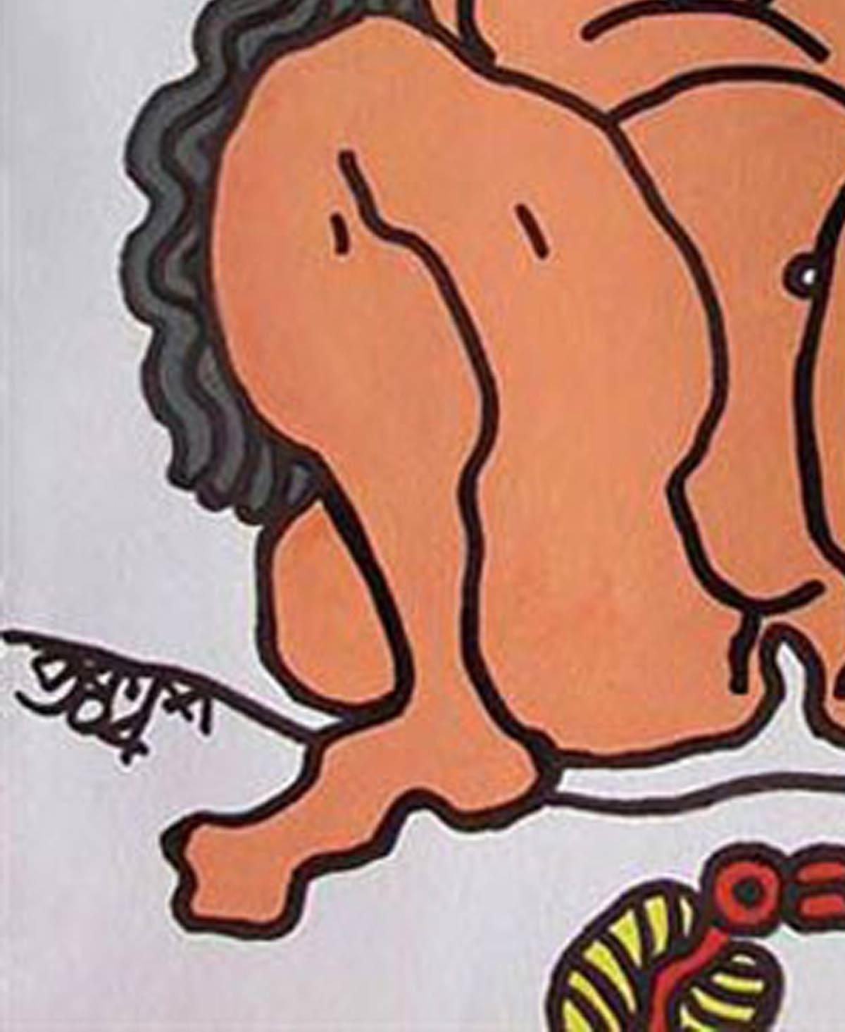 Grandes femmes nues aux yeux larges, cheveux longs, oiseau rouge, jaune, supports mixtes « en stock » - Moderne Mixed Media Art par Prokash Karmakar