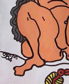 Nudefarbene Frauen mit großem Auge, langes Haar, roter, gelber Vogel, Mixed Media ""Auf Lager""