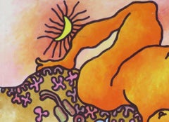 Large eyed Nude women on the beach with blue, orange and red birds