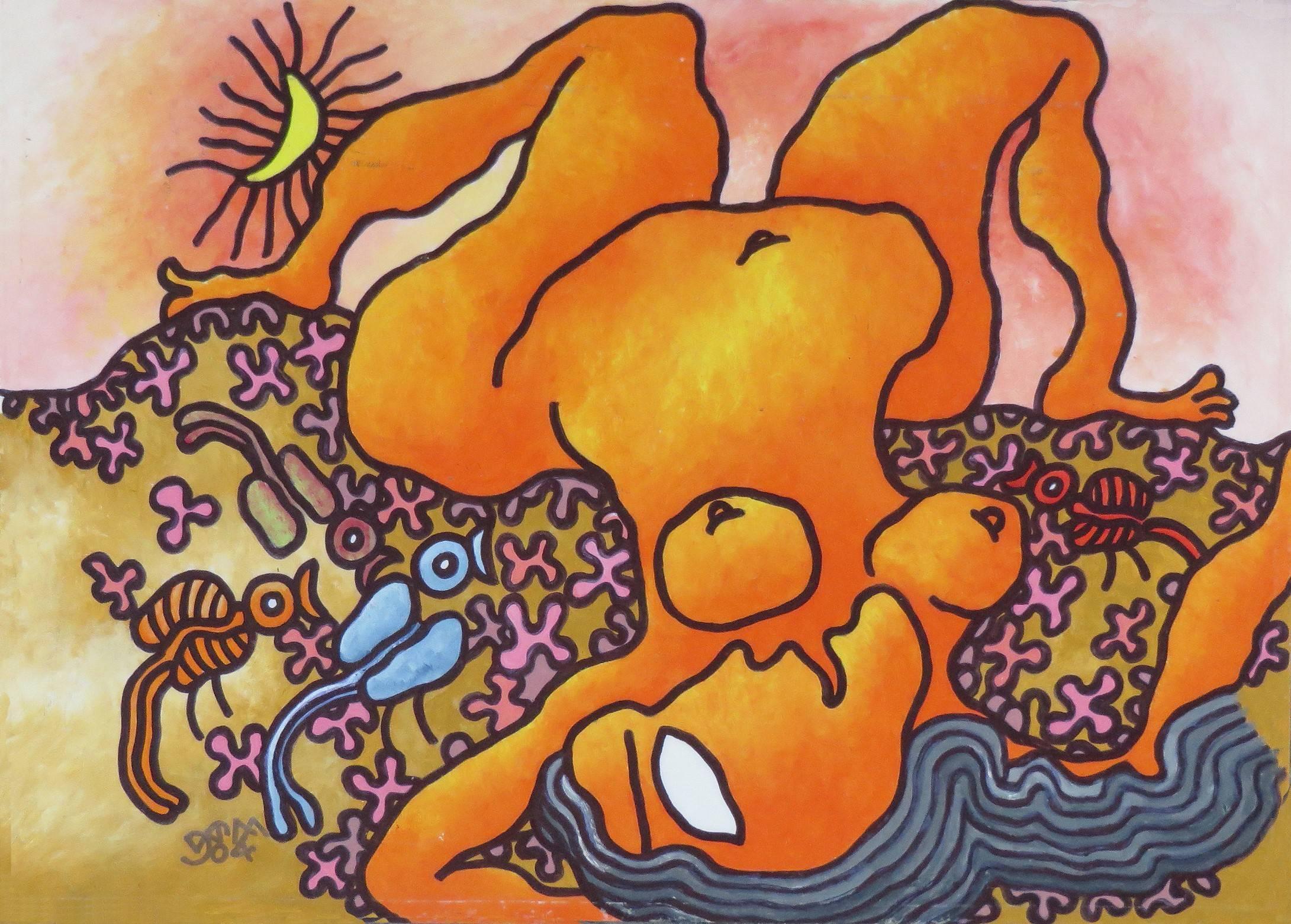 Prokash Karmakar Figurative Painting - Large eyed Nude women on the beach with blue, orange and red birds