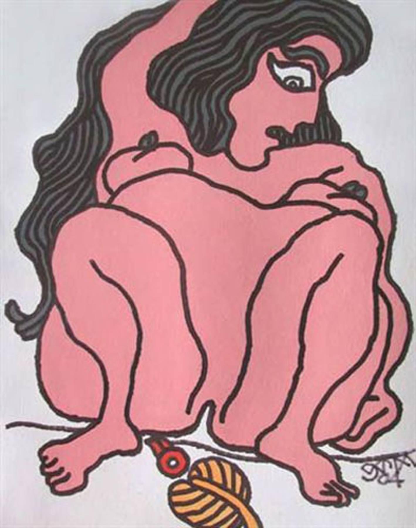 Prokash Karmakar Figurative Painting - Nude Women, Fish shaped Eyes, Long Hair, Bright Painting, Mixed Media "In Stock"