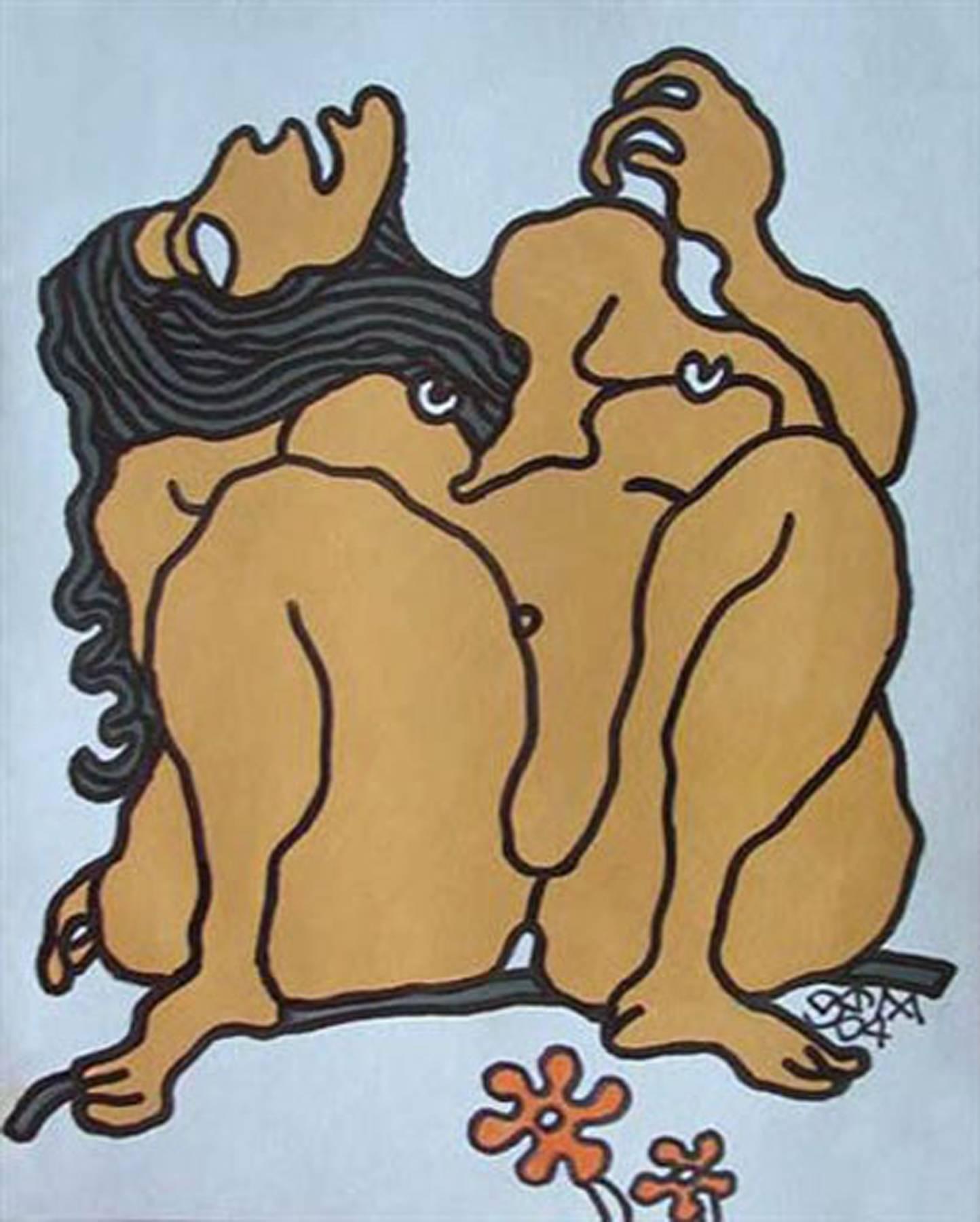 Figurative Painting Prokash Karmakar - Grandes femmes nues aux yeux larges, cheveux longs, peinture de techniques mixtes, marron vif « en stock »