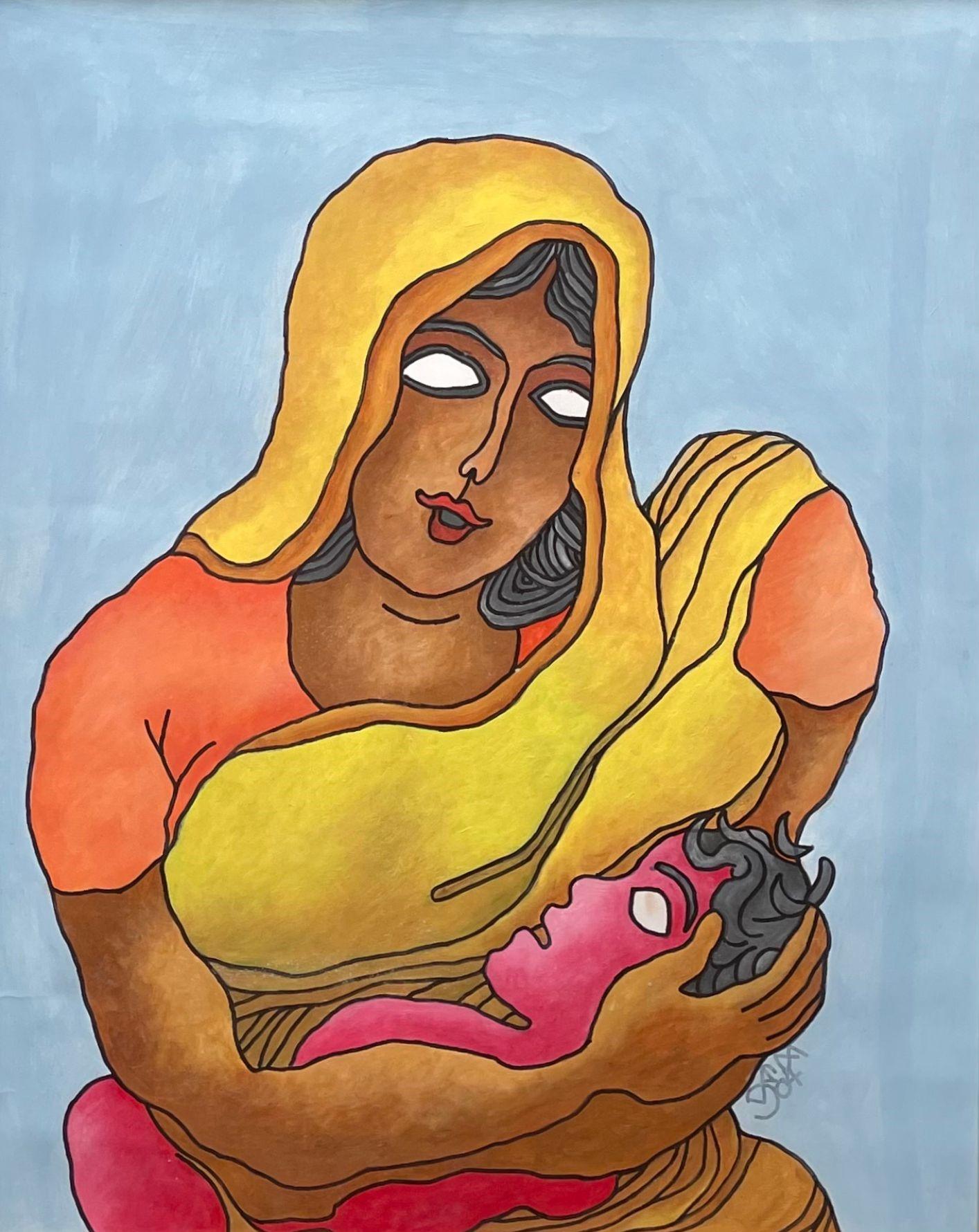 Mutter mit Kind, Acryl auf Papier auf Papier von moderner Künstlerin, „In Stock“ – Mixed Media Art von Prokash Karmakar