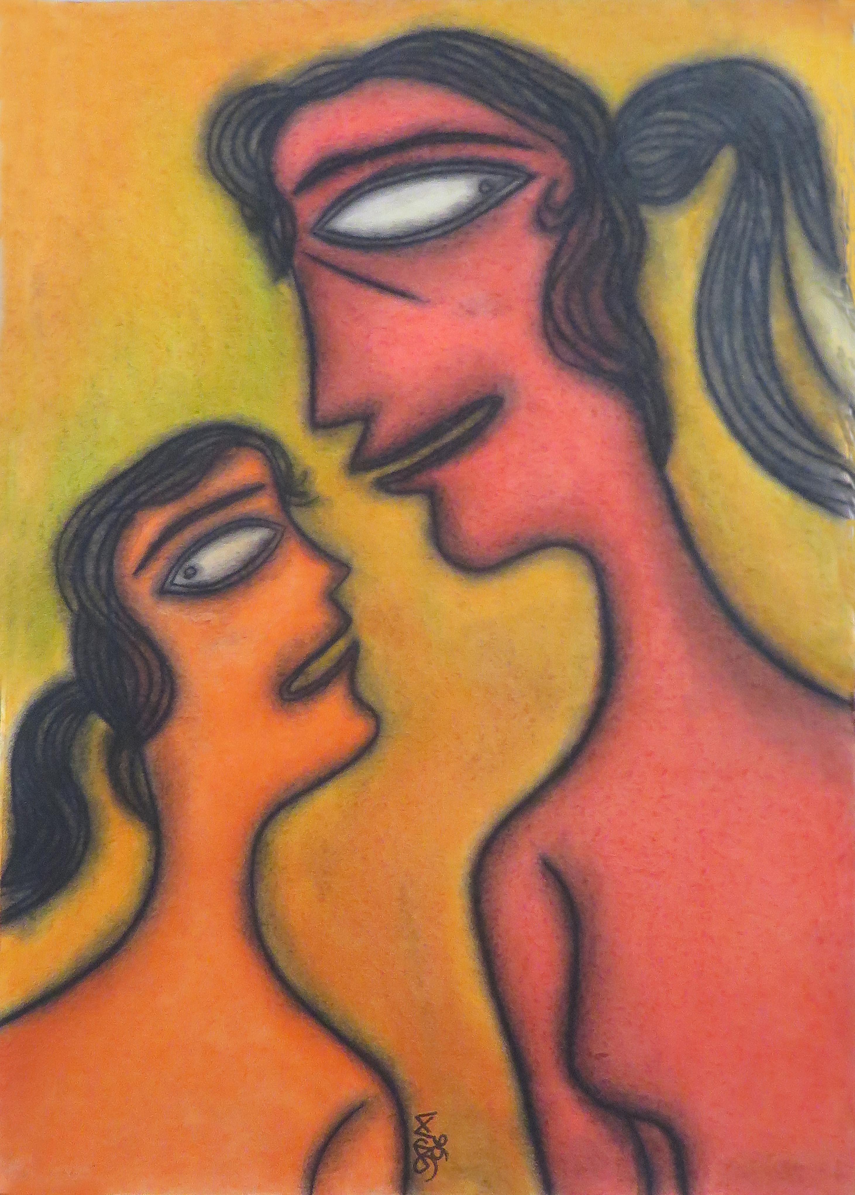 Mother & Child, Pastel on Board, Orange, Red by Master Indian Artist 