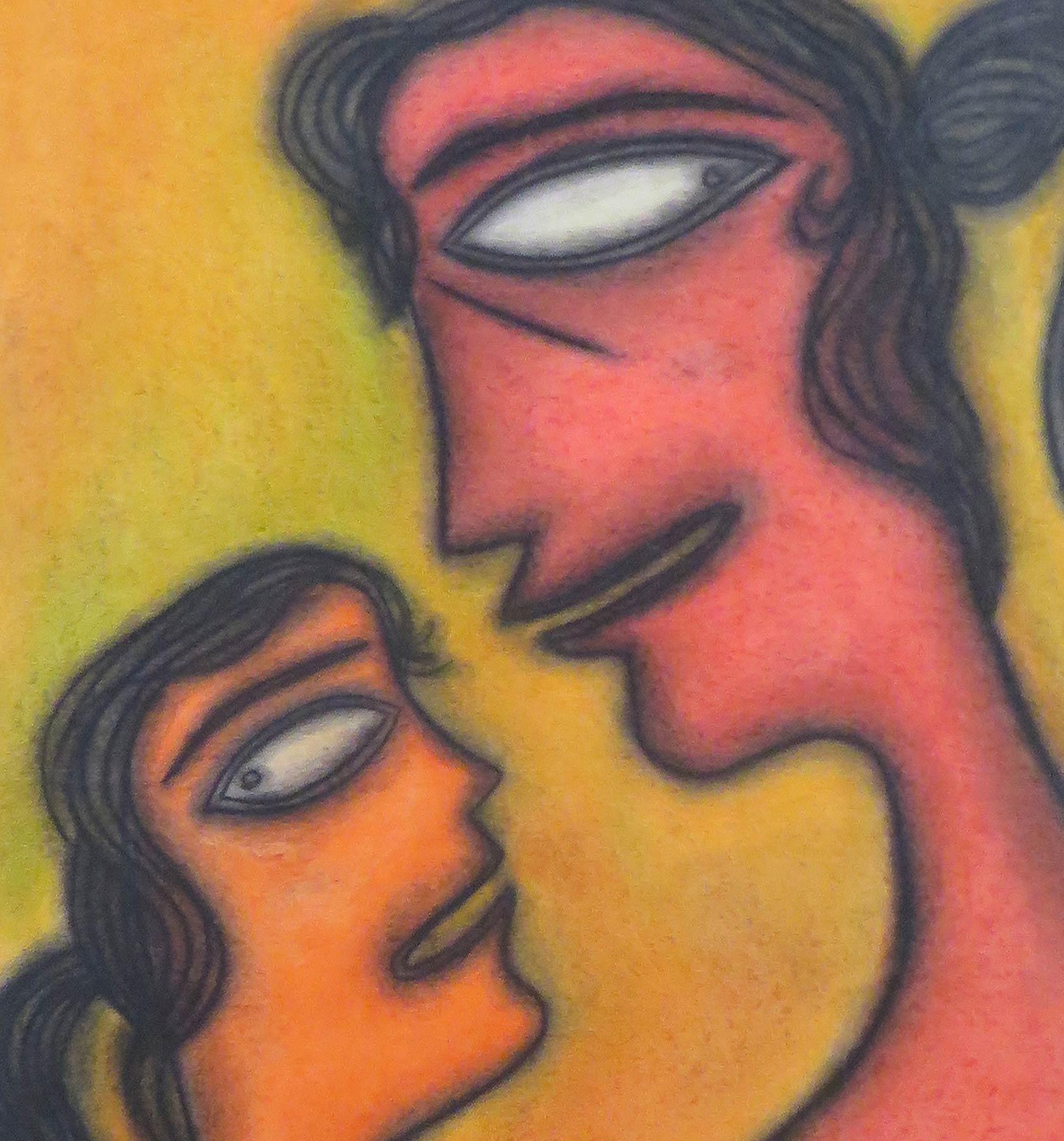 Mother & Child, pastello su tavola, arancione, rosso del maestro indiano 