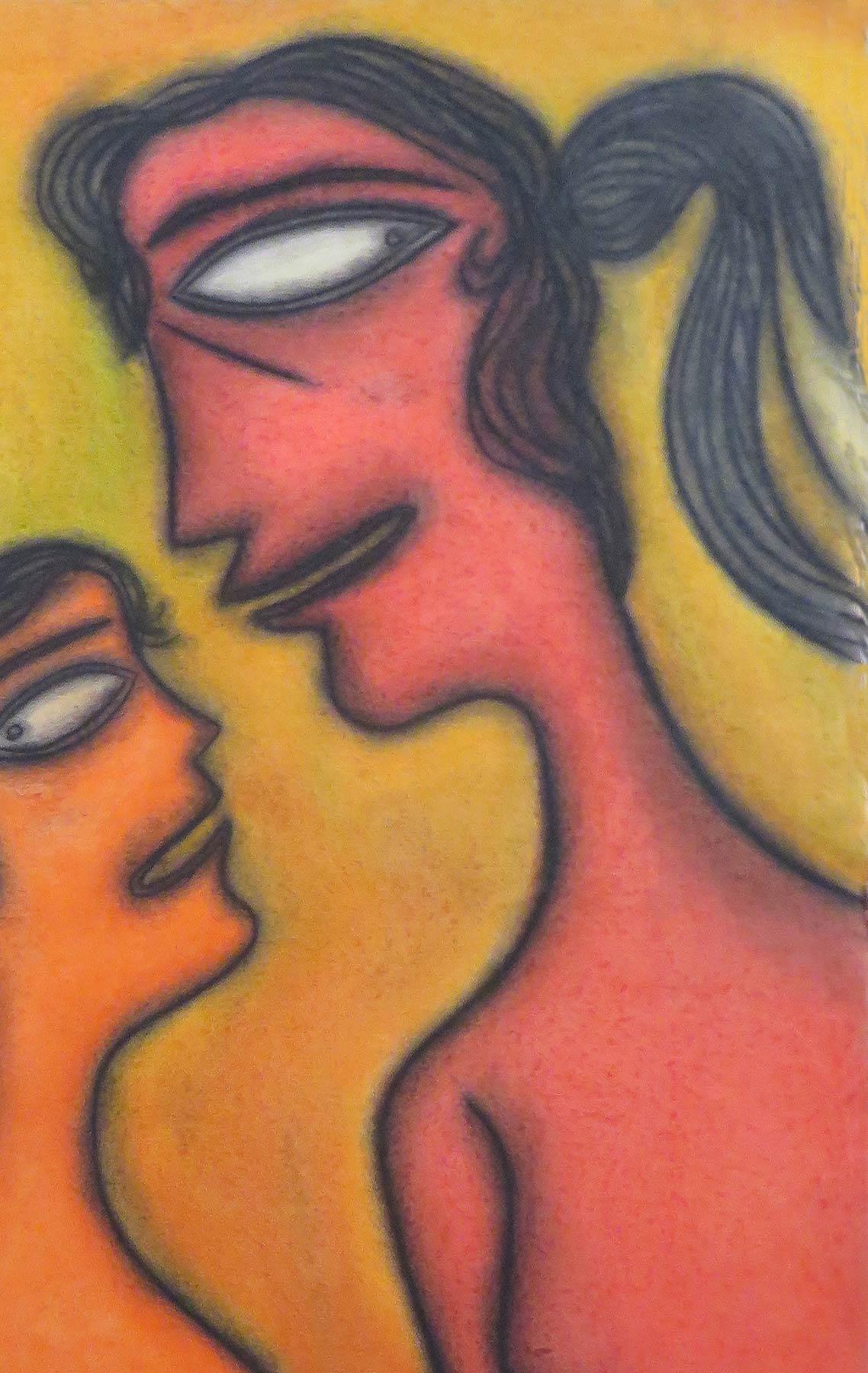 Mother & Child, pastello su tavola, arancione, rosso del maestro indiano 