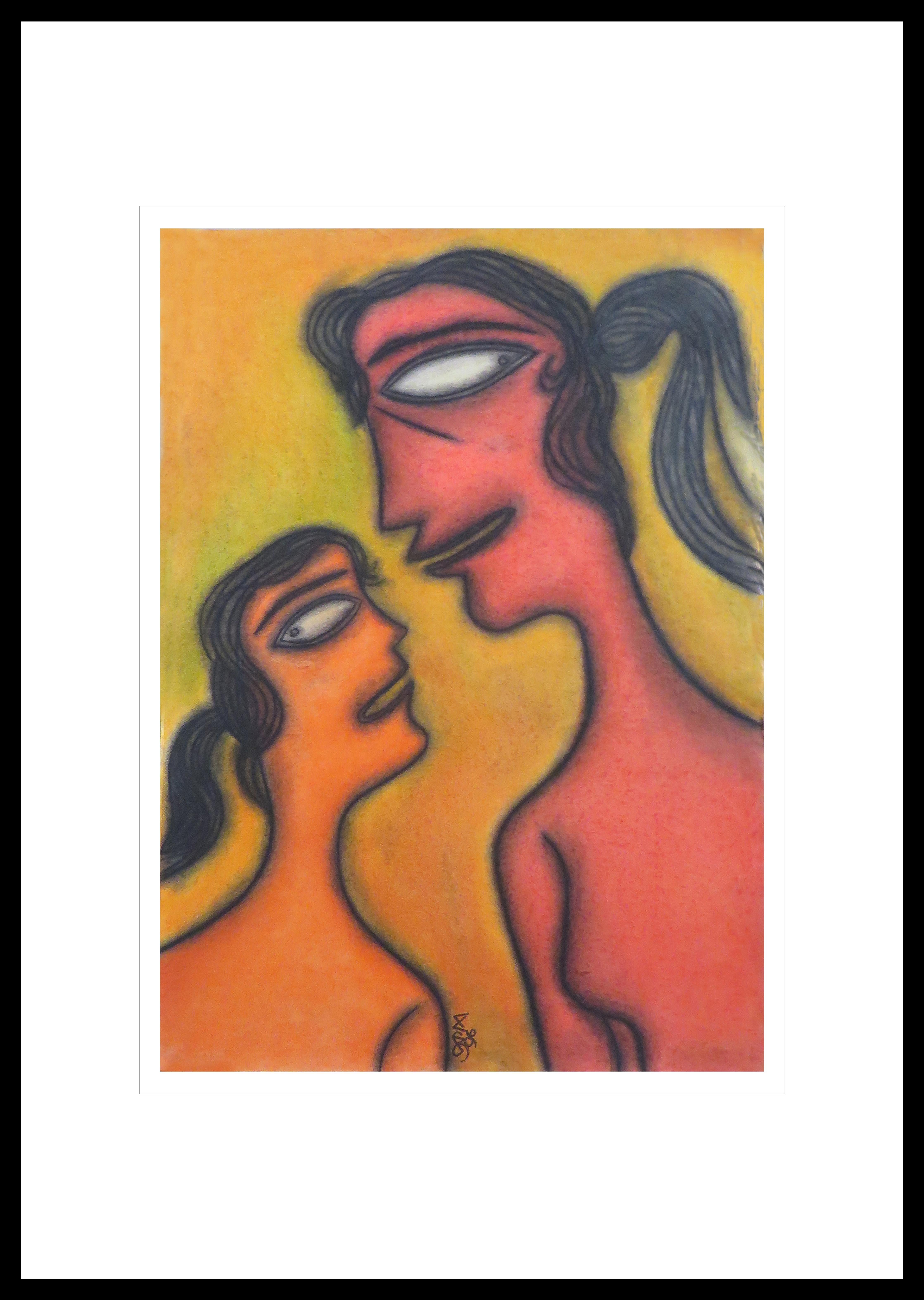 Mother & Child, Pastel on Board, Orange, Red by Master Indian Artist "In Stock"