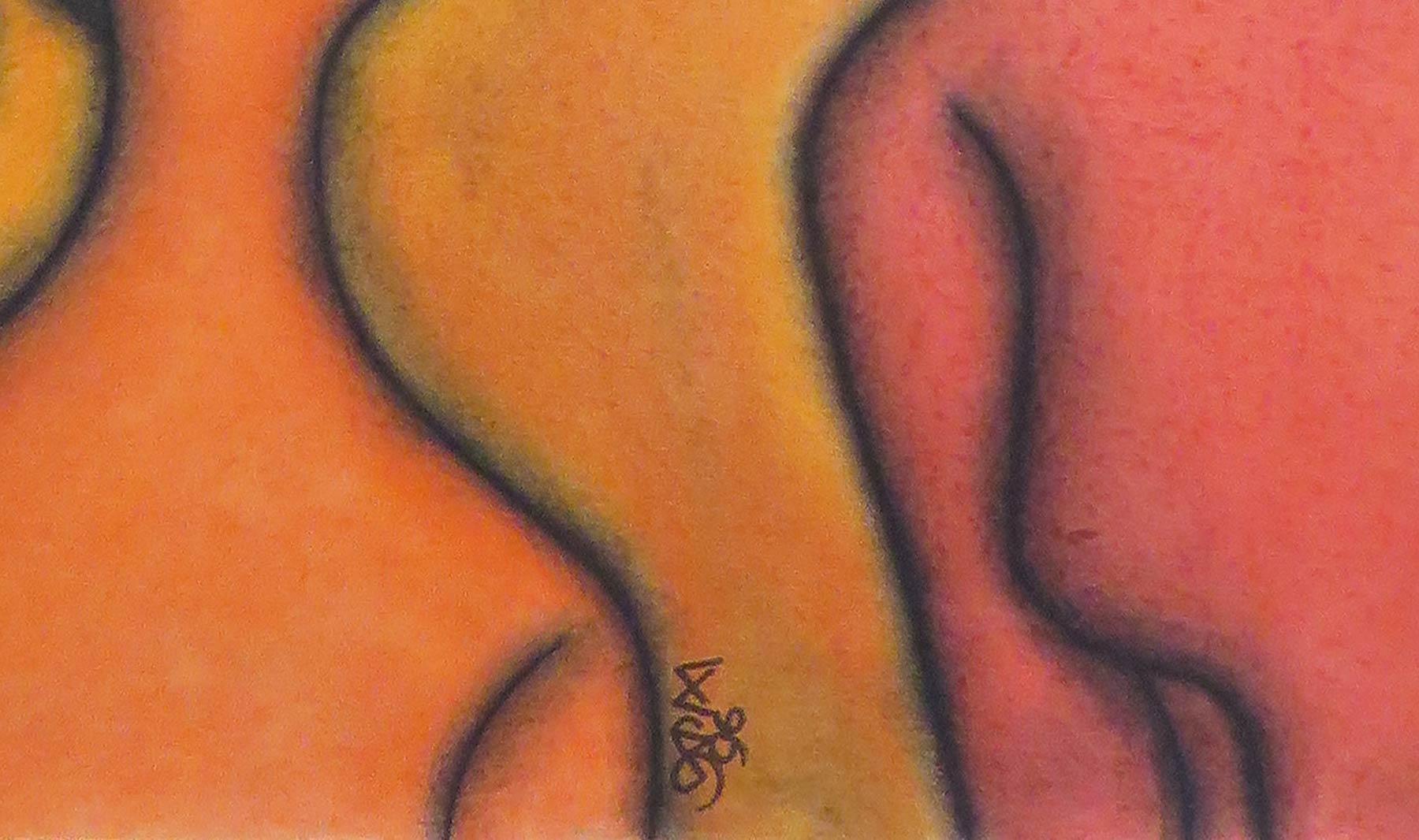 Mother & Child, pastello su tavola, arancione, rosso del maestro indiano 
