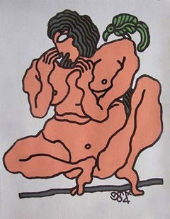 Femme nue, oiseau, peinture, technique mixte, marron, vert de l'artiste indienne « En stock »