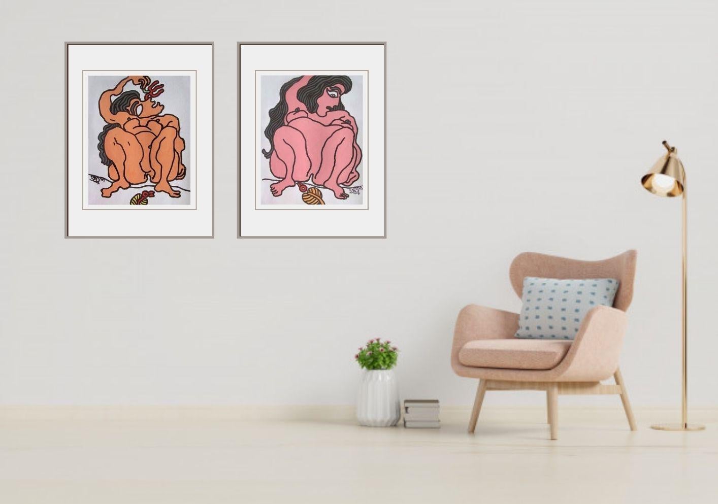 Donna nuda, occhi a forma di pesce, capelli lunghi, pittura luminosa, tecnica mista 