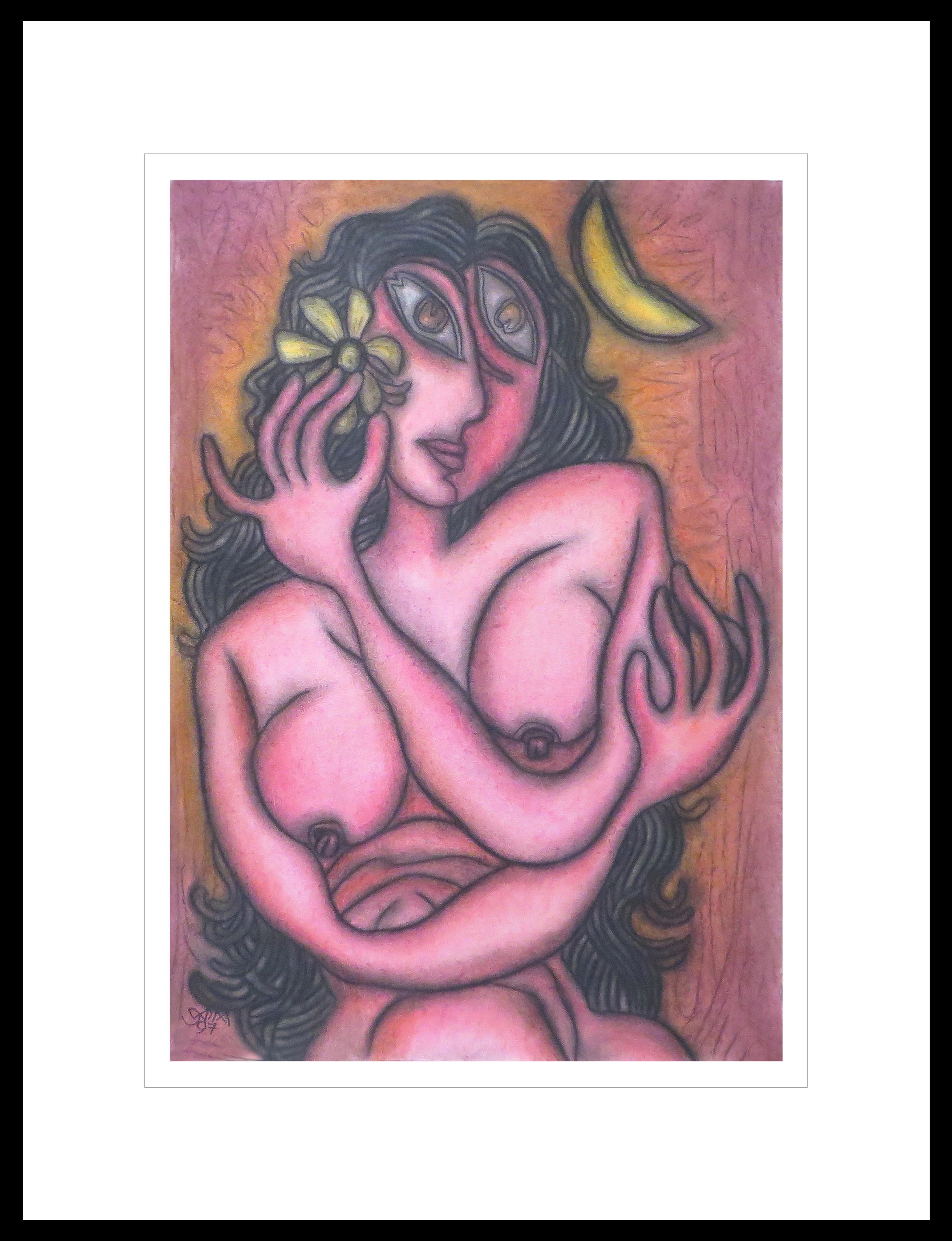 Prokash Karmakar Nude Painting - Nude Woman with Flower, Pastel on Board, Pink, Green, Indian Artist "In Stock"