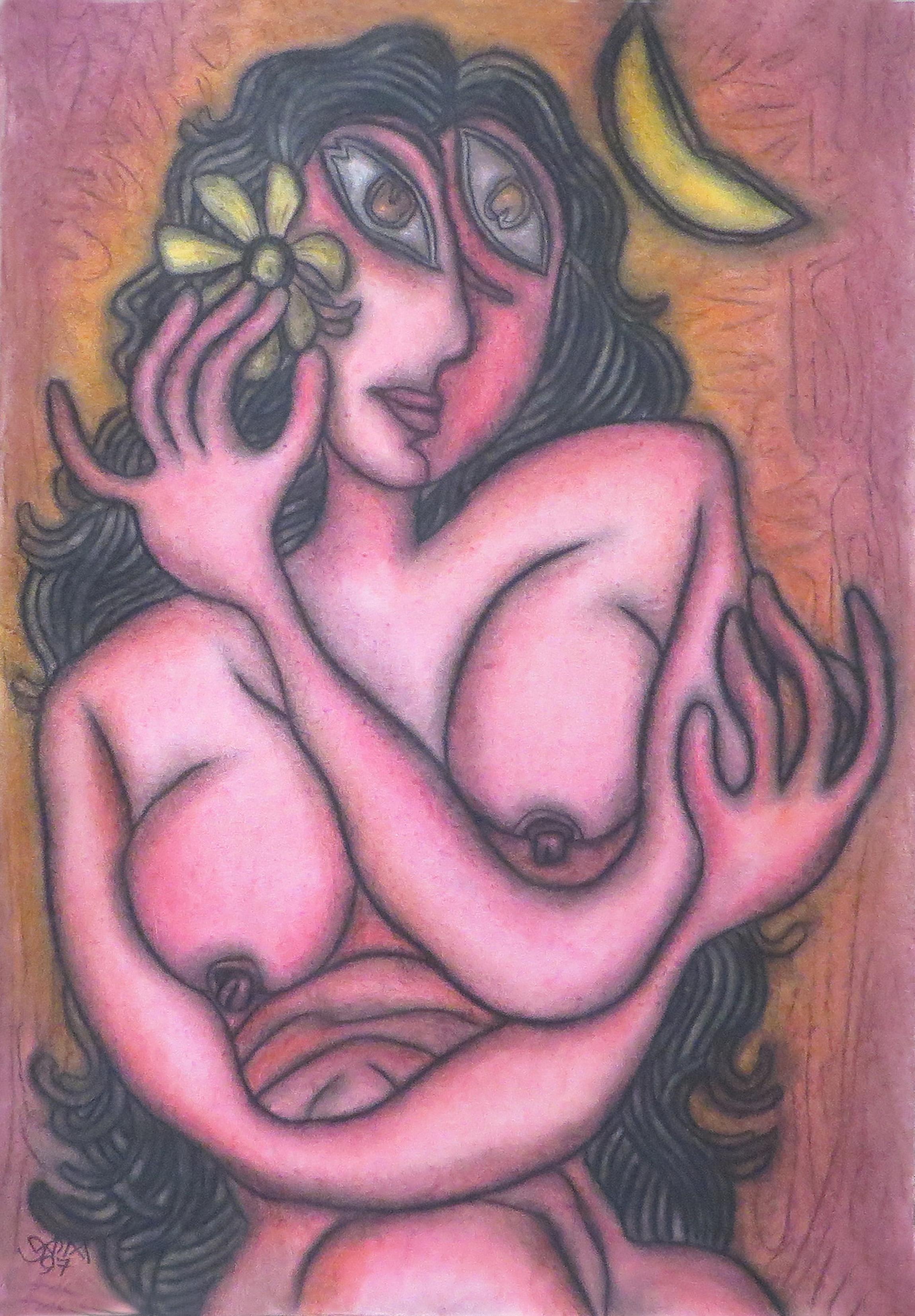 Nude Woman with Flower, Pastel on Board, Pink, Green, Indian Artist 