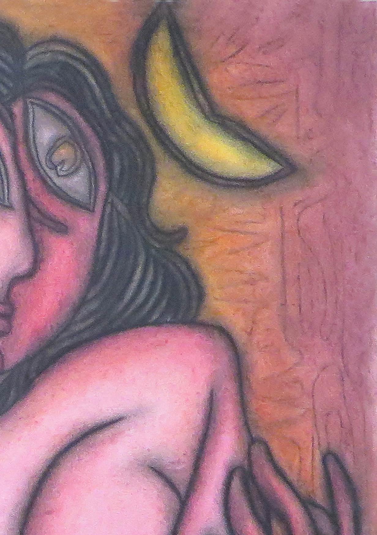 Nude Woman with Flower, Pastel on Board, Pink, Green, Indian Artist 