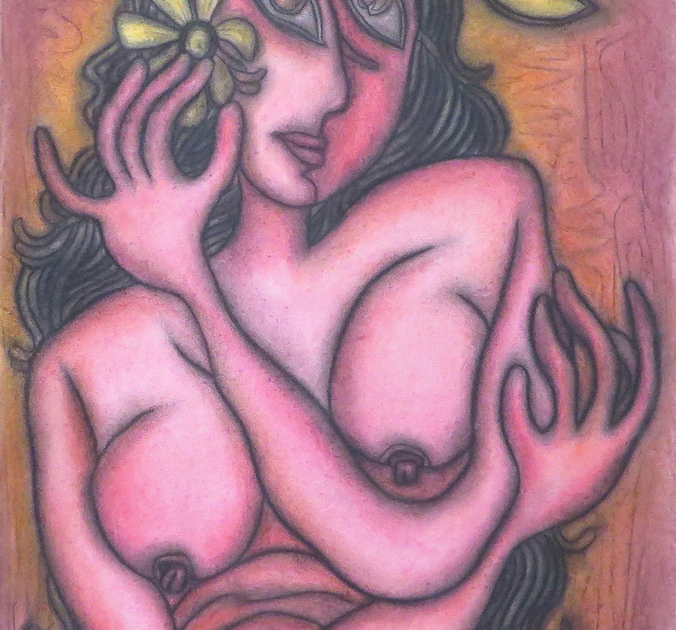 Nude Woman with Flower, Pastel on Board, Pink, Green, Indian Artist 