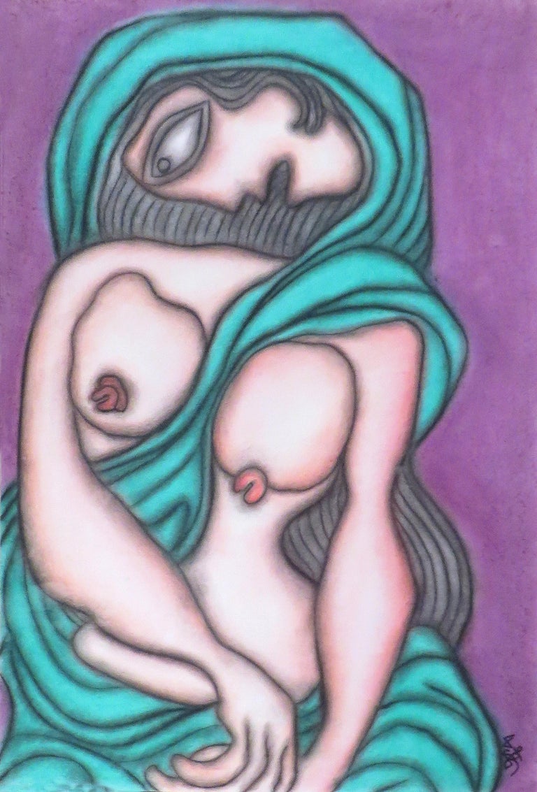 Indian Nude Woman in Green Saree,Pastel on Board, Master Indian Artist