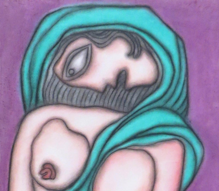 Indian Nude Woman in Green Saree,Pastel on Board, Master Indian Artist