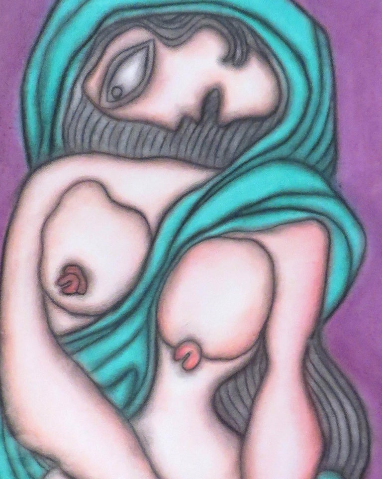 Prakash Karmakar - Untitled - 29 x 19 inches ( unframed size )  
Pastel on Board
Inclusive of shipment in roll form.

This Painting of a Blatantly Nude and Somewhat Sensous Woman wrapped in an Indian Green Colour Saree with her Mass of Long Hair