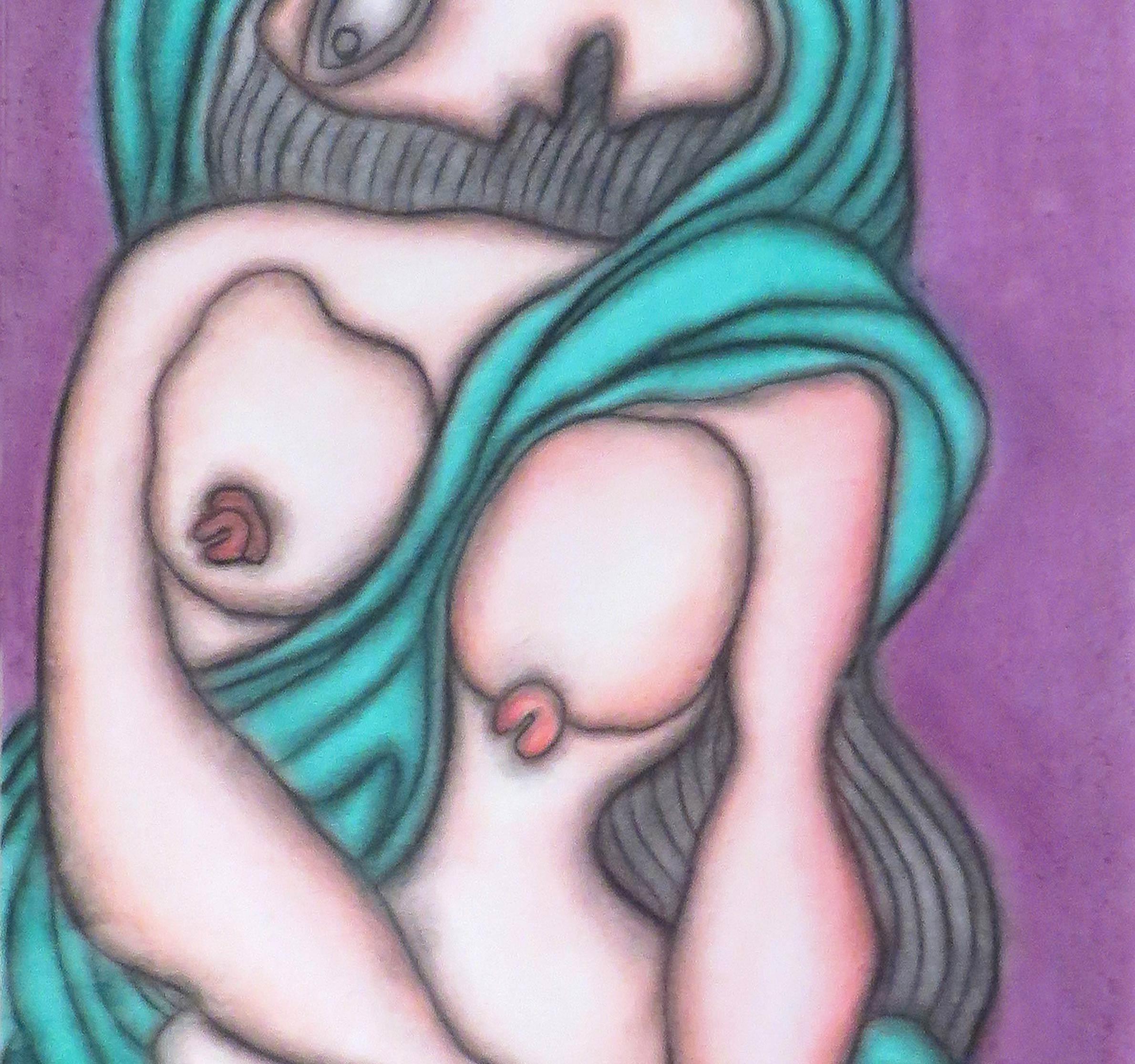 Indian Nude Woman in Green Saree, Pastel on Board, Master Indian Artist