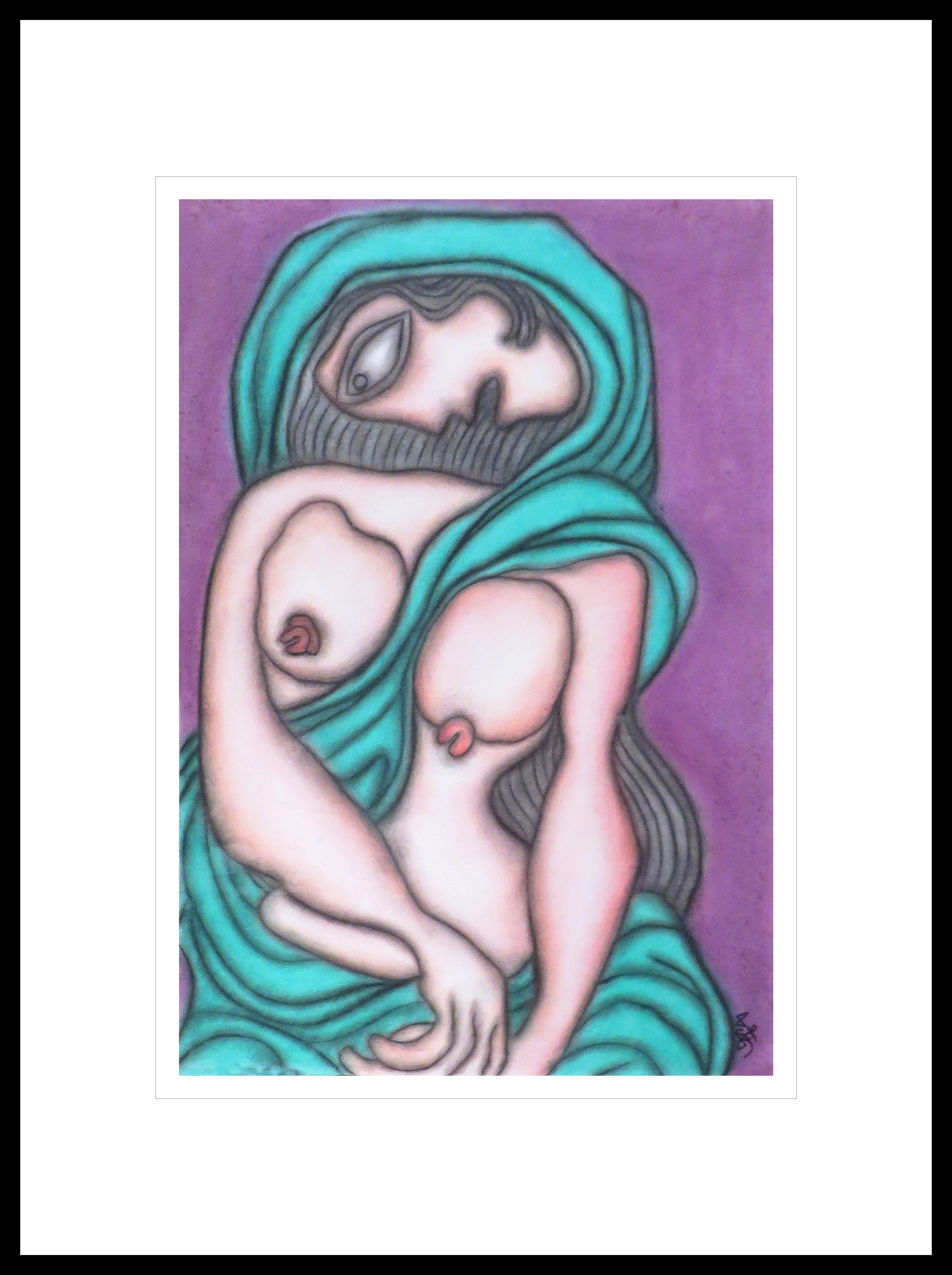 Mujer india desnuda con sari verde, Pastel sobre tabla, Maestro artista indio "En Stock"