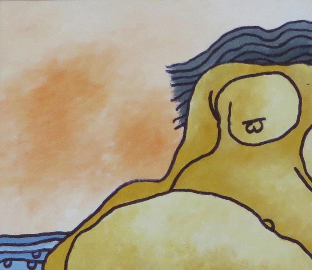 Surreale Darstellung: Nackte Frauen am Strand in Blau-, Schwarz- und Schwarztönen – Painting von Prokash Karmakar