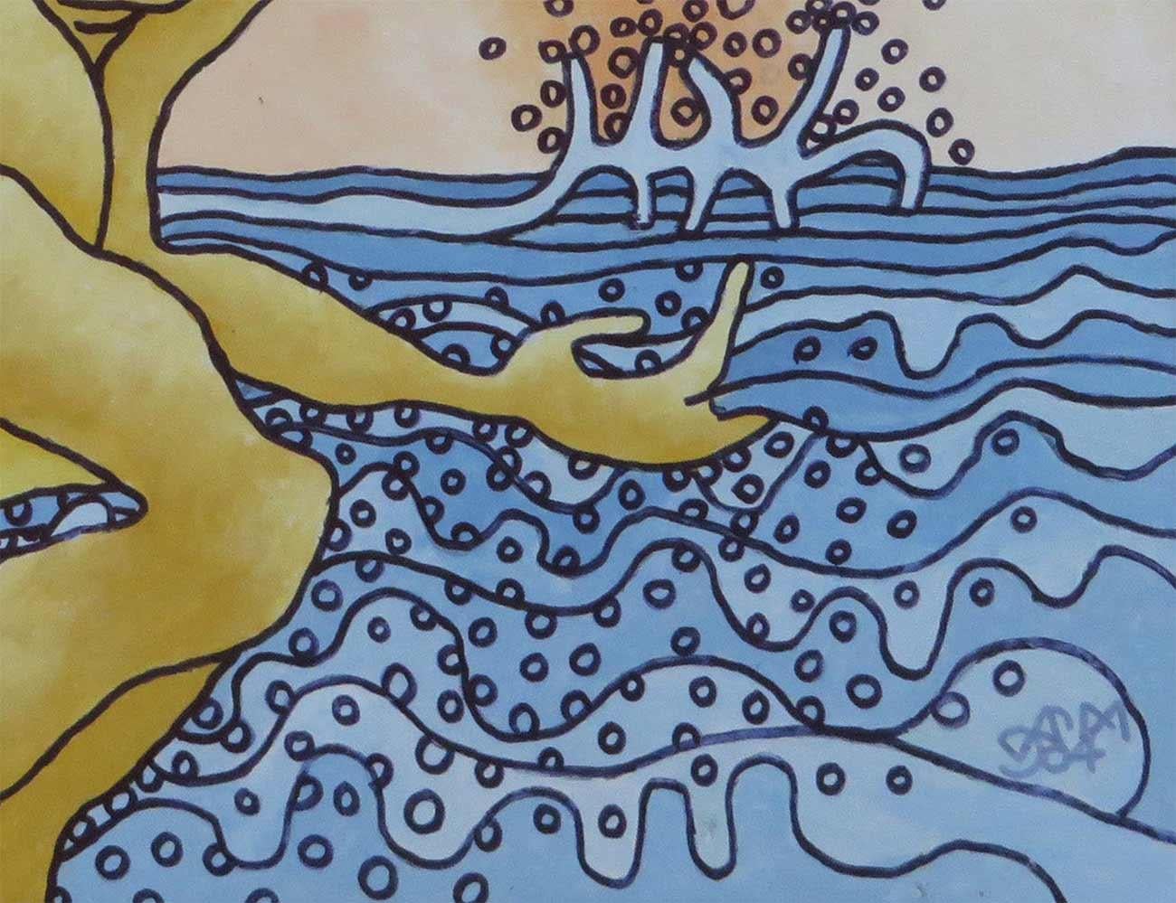 Surreale Darstellung: Nackte Frauen am Strand in Blau-, Schwarz- und Schwarztönen (Zeitgenössisch), Painting, von Prokash Karmakar
