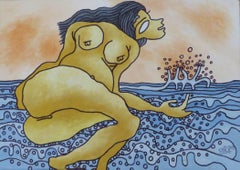 Surreale Darstellung: Nackte Frauen am Strand in Blau-, Schwarz- und Schwarztönen