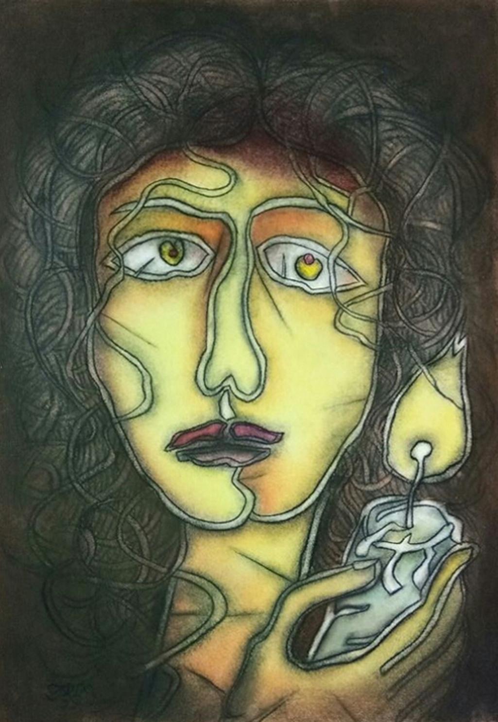 Lady with the Lamp, Dry Pastel on Paper by Prokash Karmakar “In Stock”