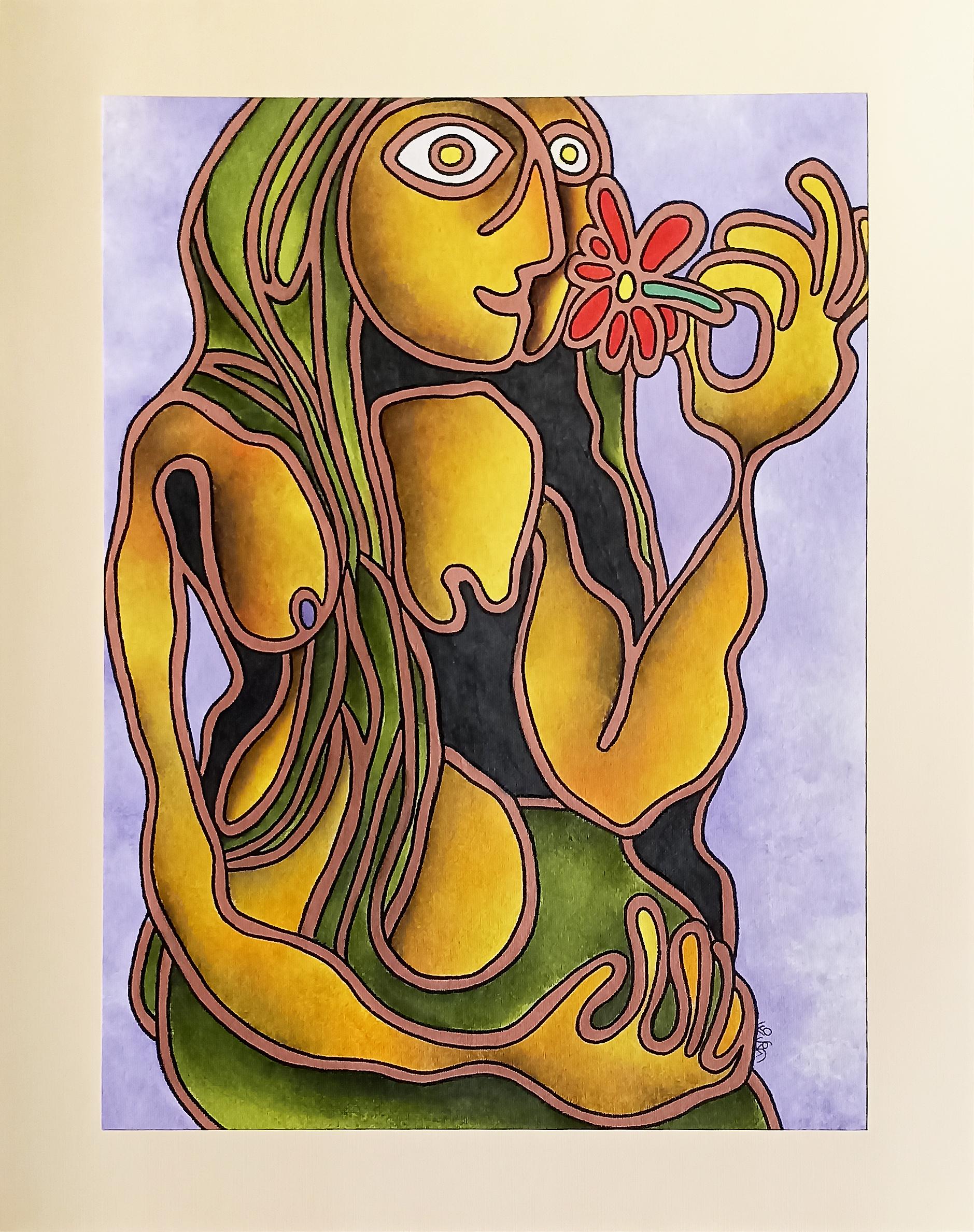 Prokash Karmakar Figurative Painting - Woman with the Flower, Acrylic on Paper by Modern Artist "In Stock"