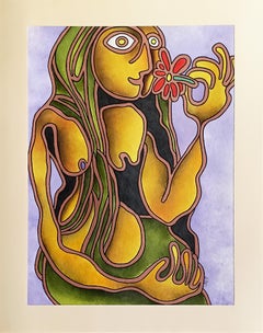 Vintage Woman with the Flower, Acrylic on Paper by Modern Artist "In Stock"